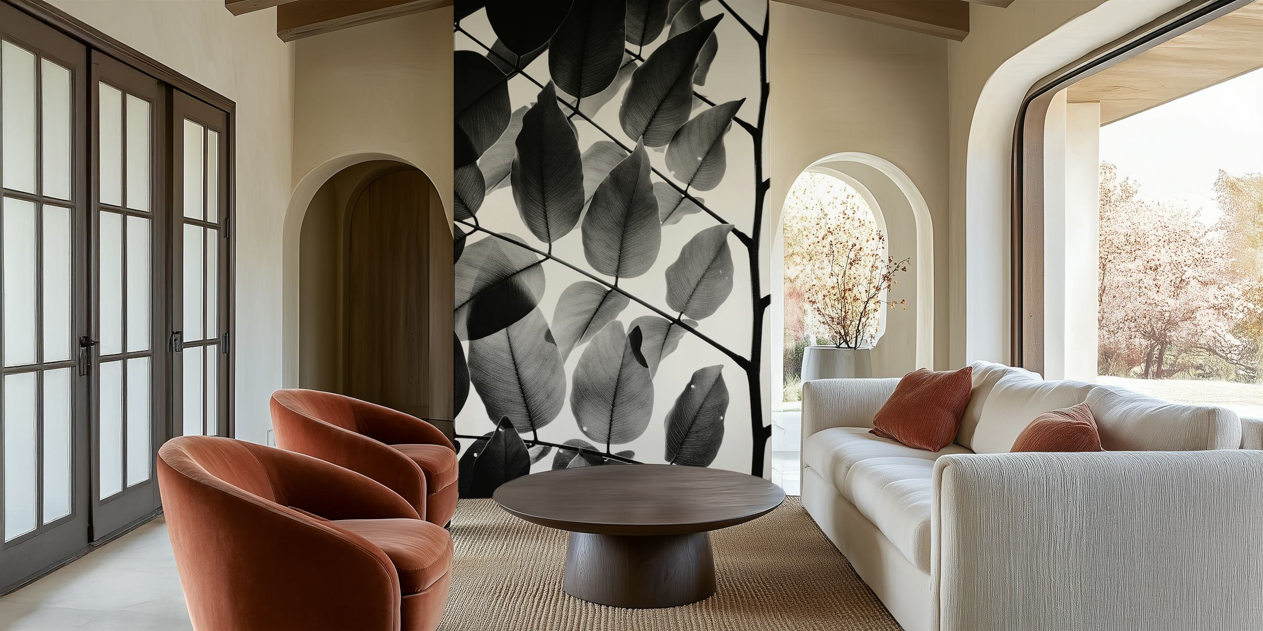 Black and white leaf pattern wallpaper featuring delicate leaves and branches.