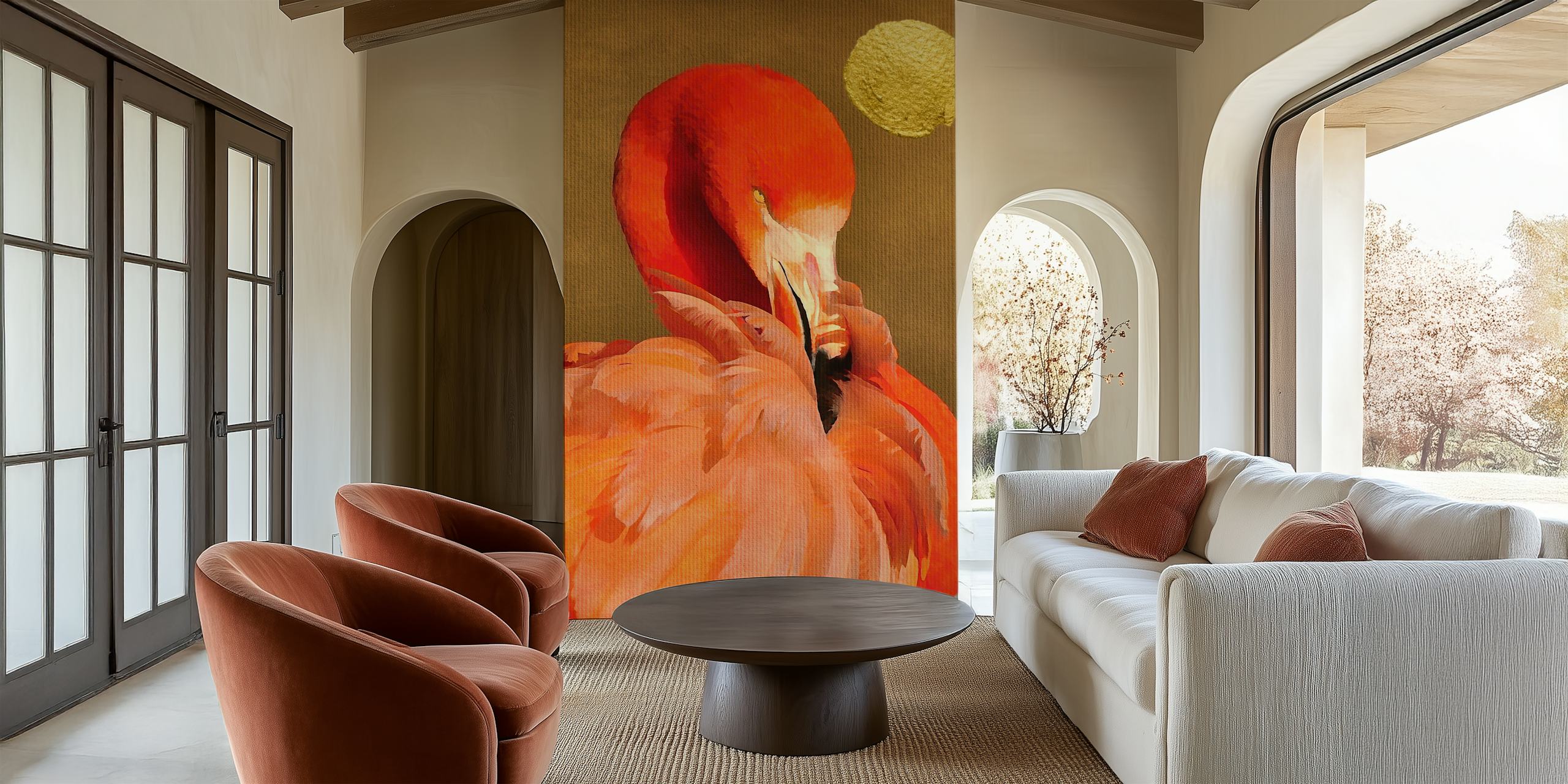 Orange flamingo with gold accents on textured wallpaper
