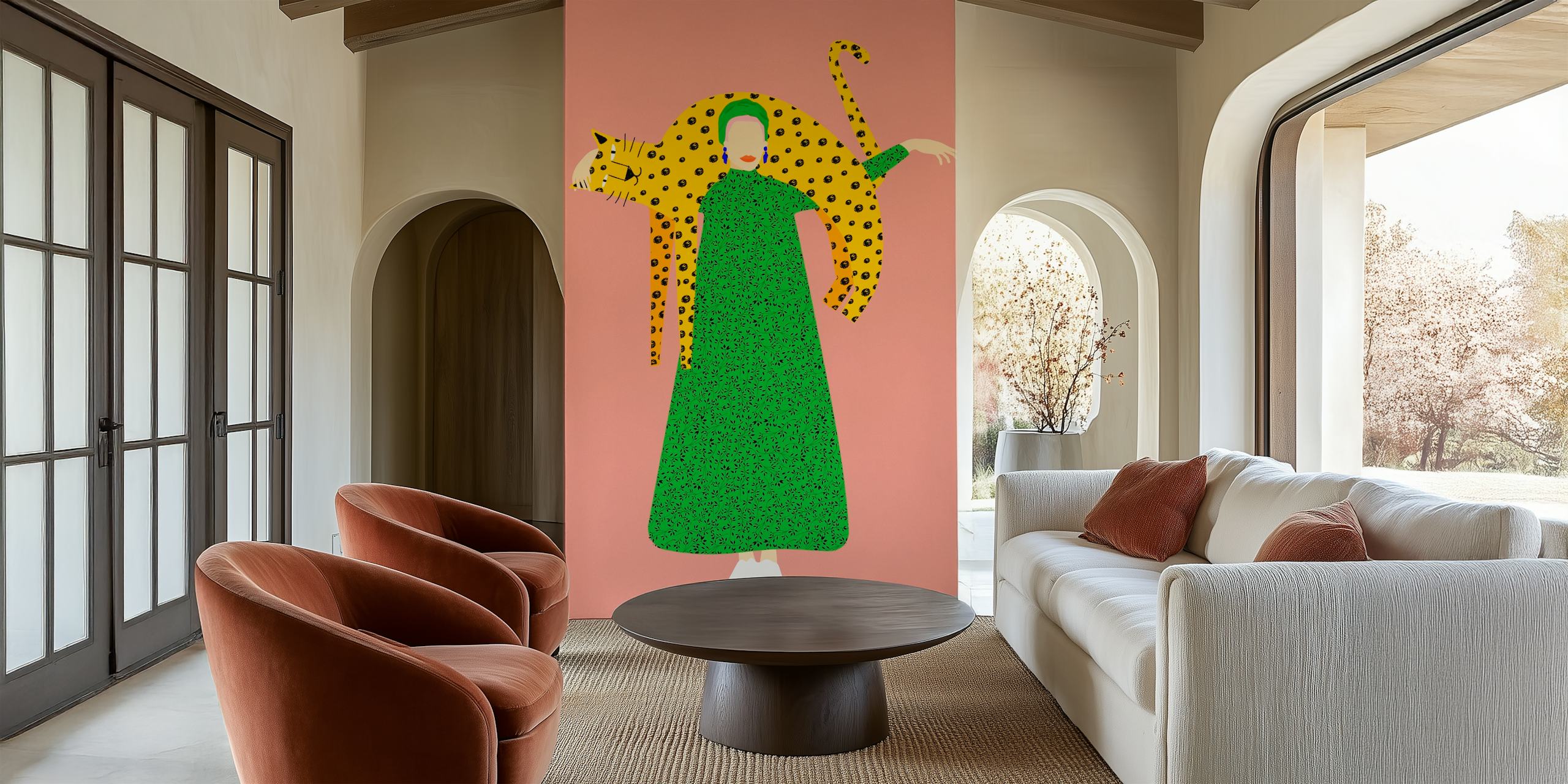 Illustratie van een vrouw met een grote kat, groene jurk en roze achtergrond wallpaper