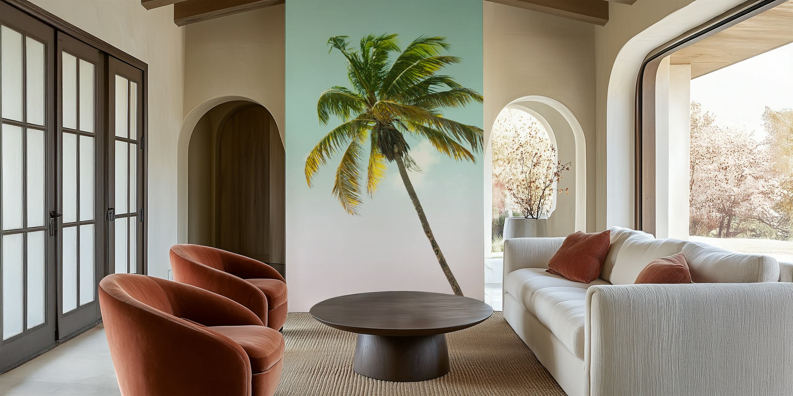 Tropical palm tree with green leaves and peach background wallpaper