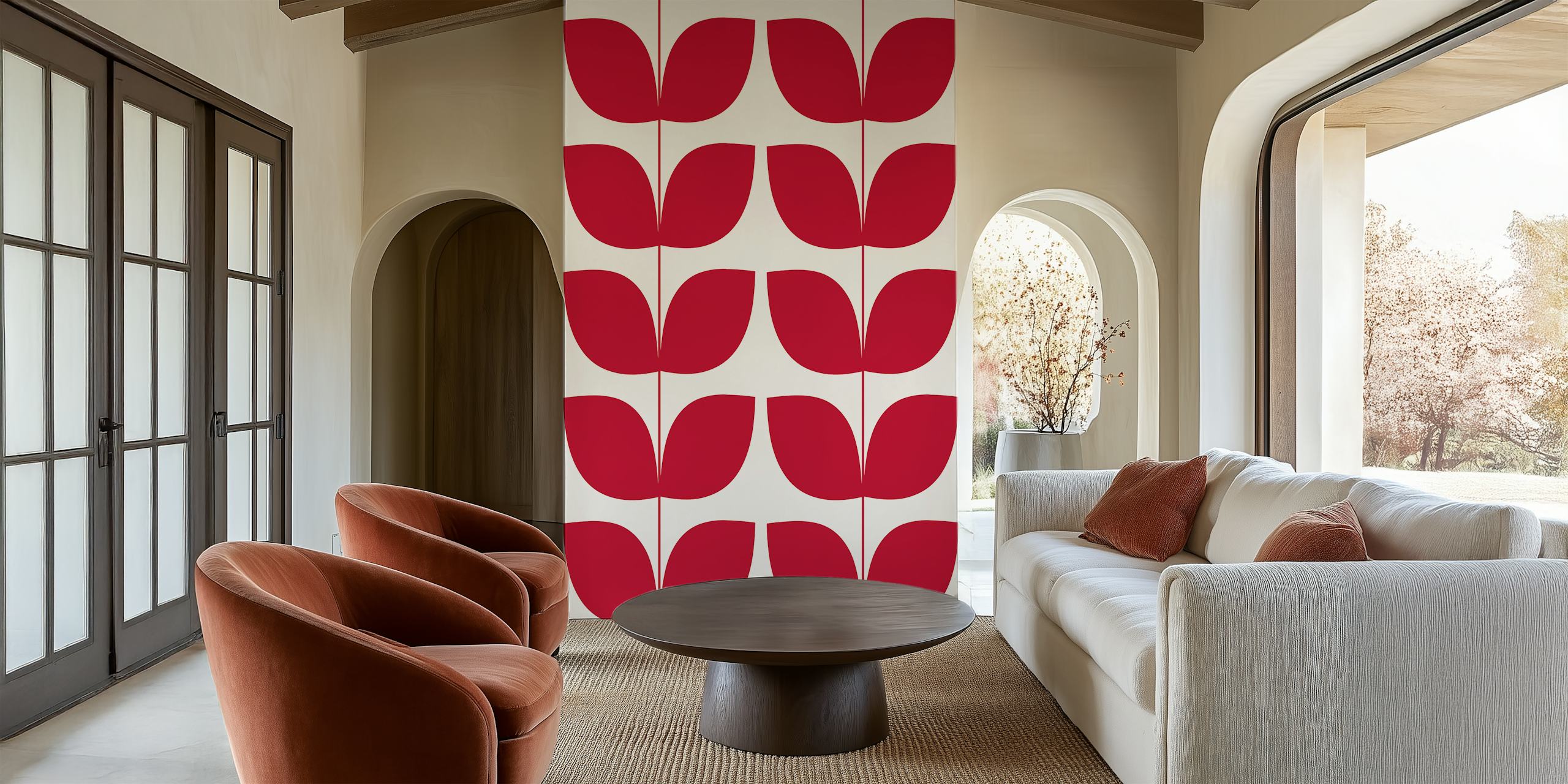 Red leaf pattern on white background mid century modern wallpaper