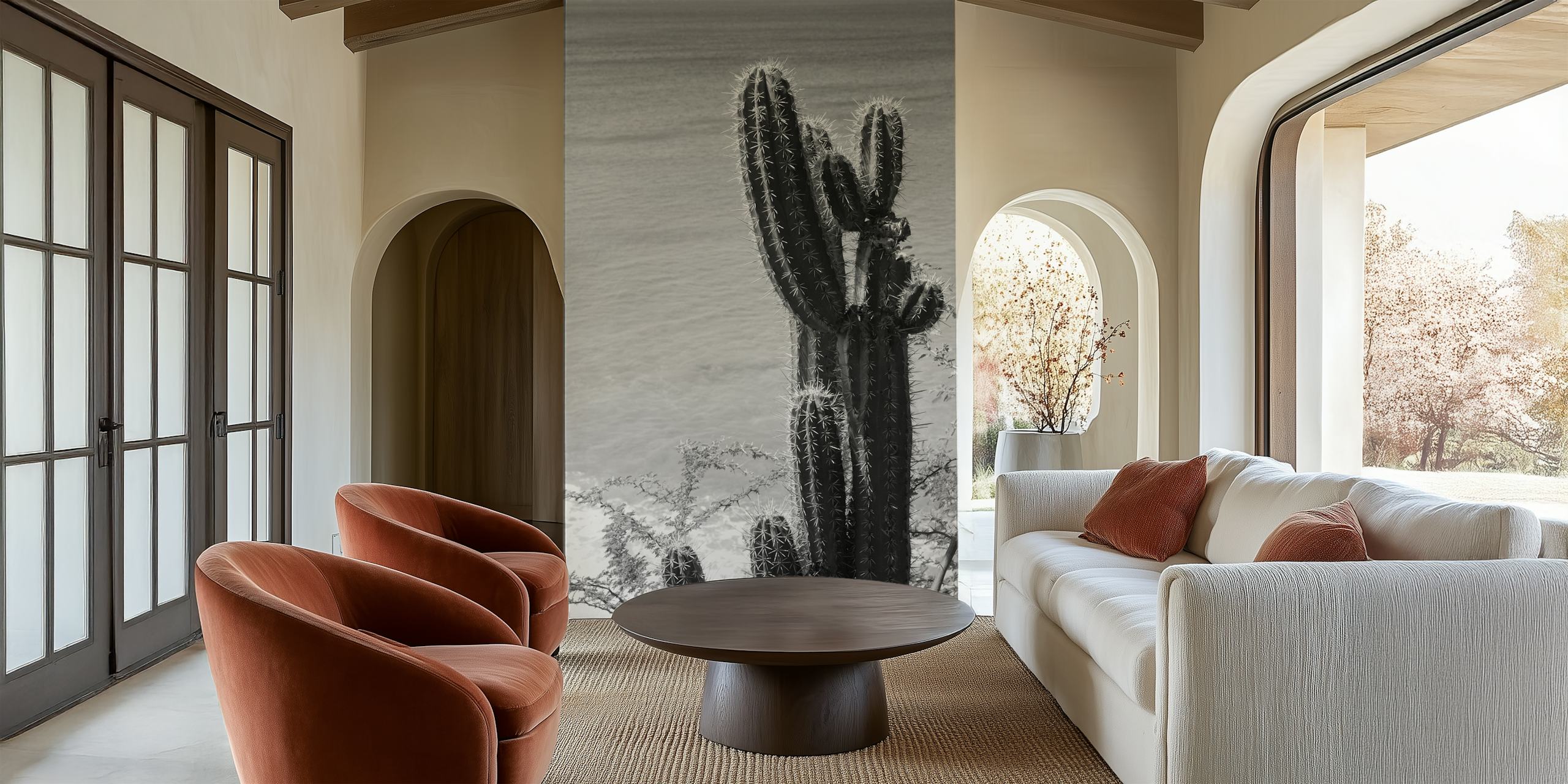 Black and white cactus against the ocean view wallpaper