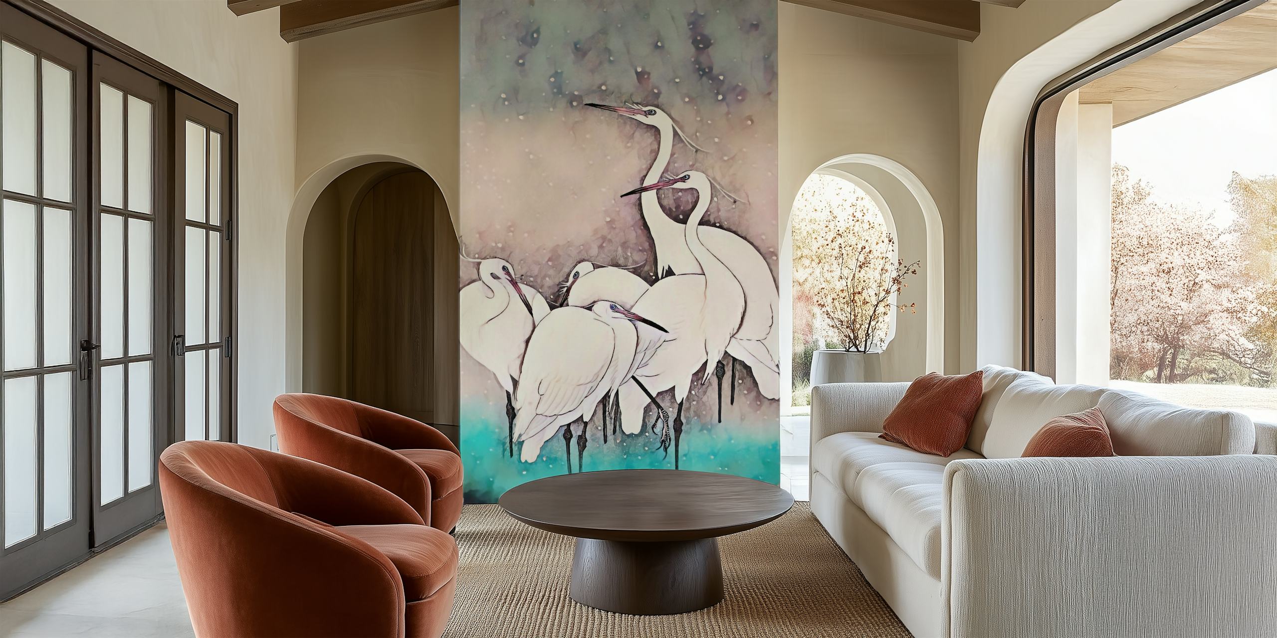 Peinture murale aquarelle vintage aux tons pastel avec un groupe de grues élégantes