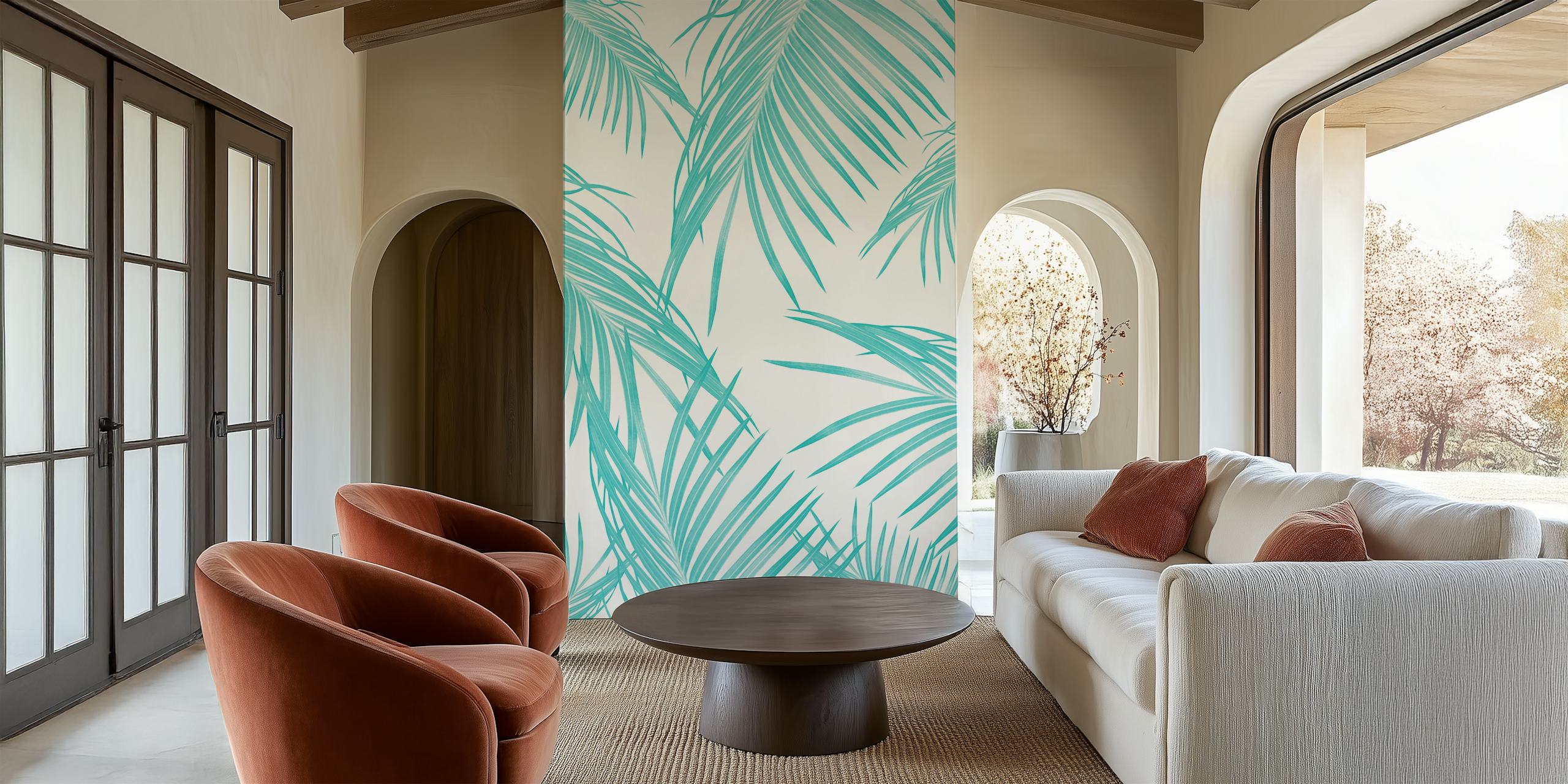 Soft turquoise palm leaves pattern wall mural