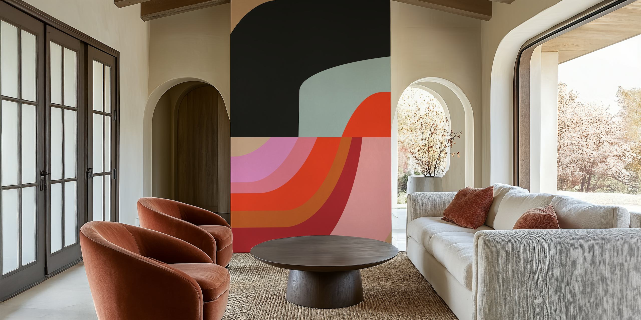 Colorful abstract waves in pink, red, black, and blue wallpaper