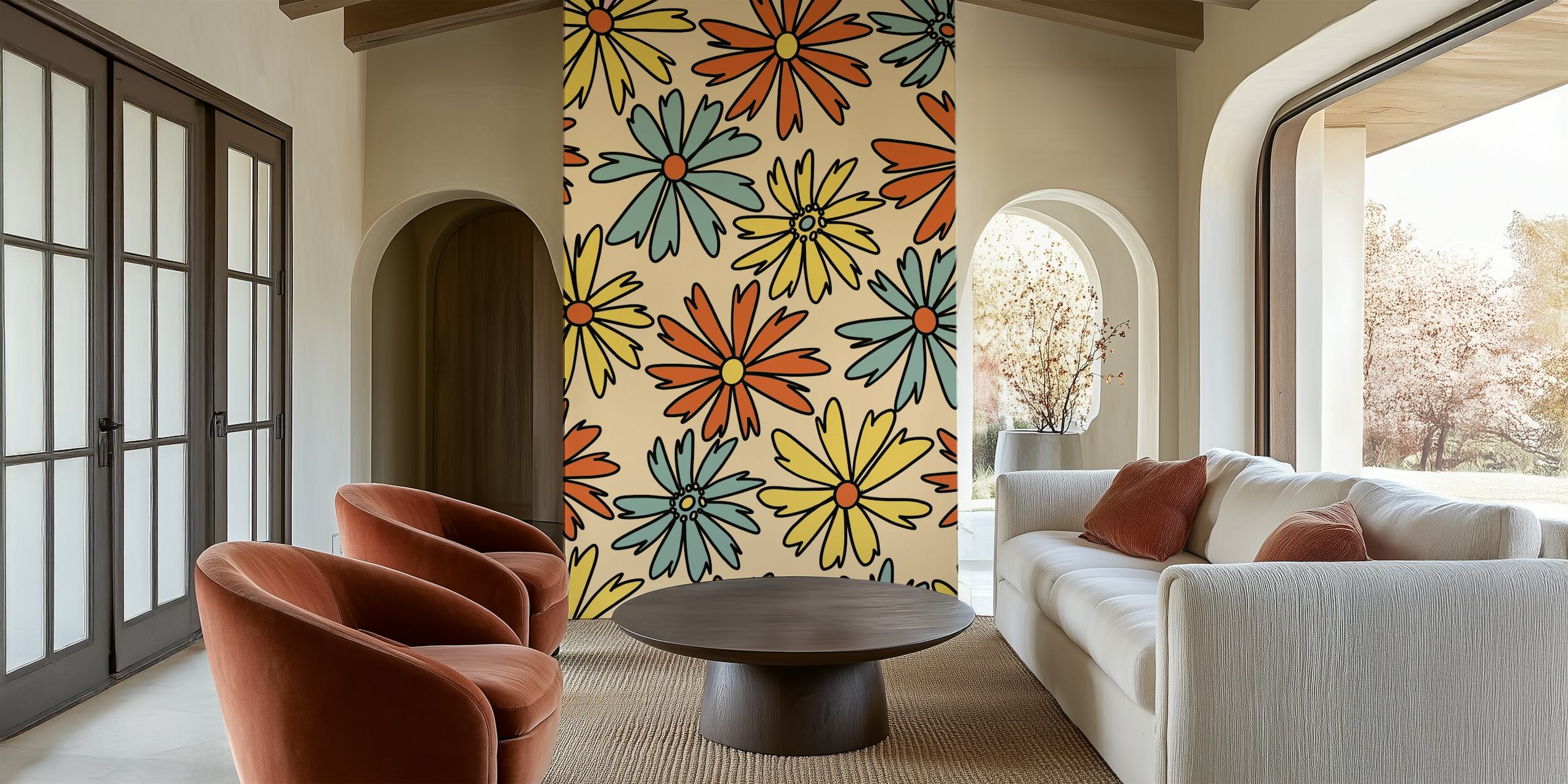 Stylized cosmea flowers in yellow, blue, and orange on a cream background wall mural