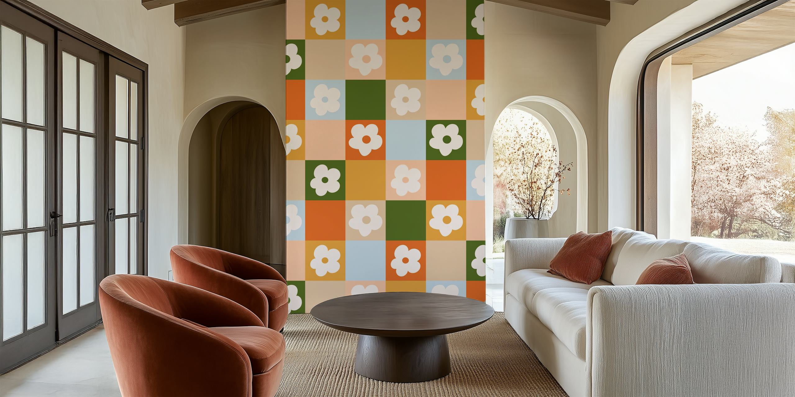 Colorful floral patterns on a retro checkered wallpaper design