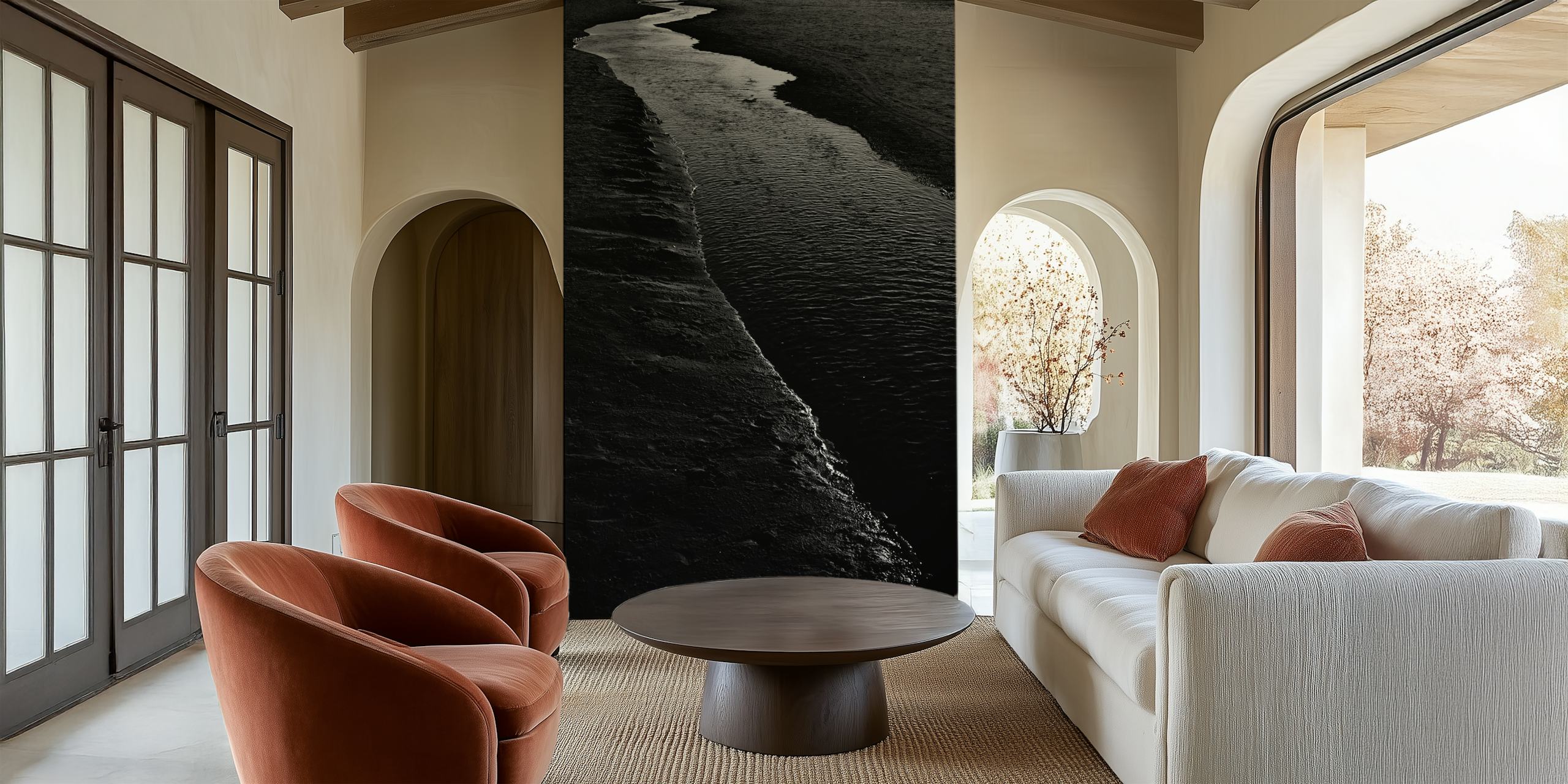 Black and white abstract river wallpaper with flowing shapes