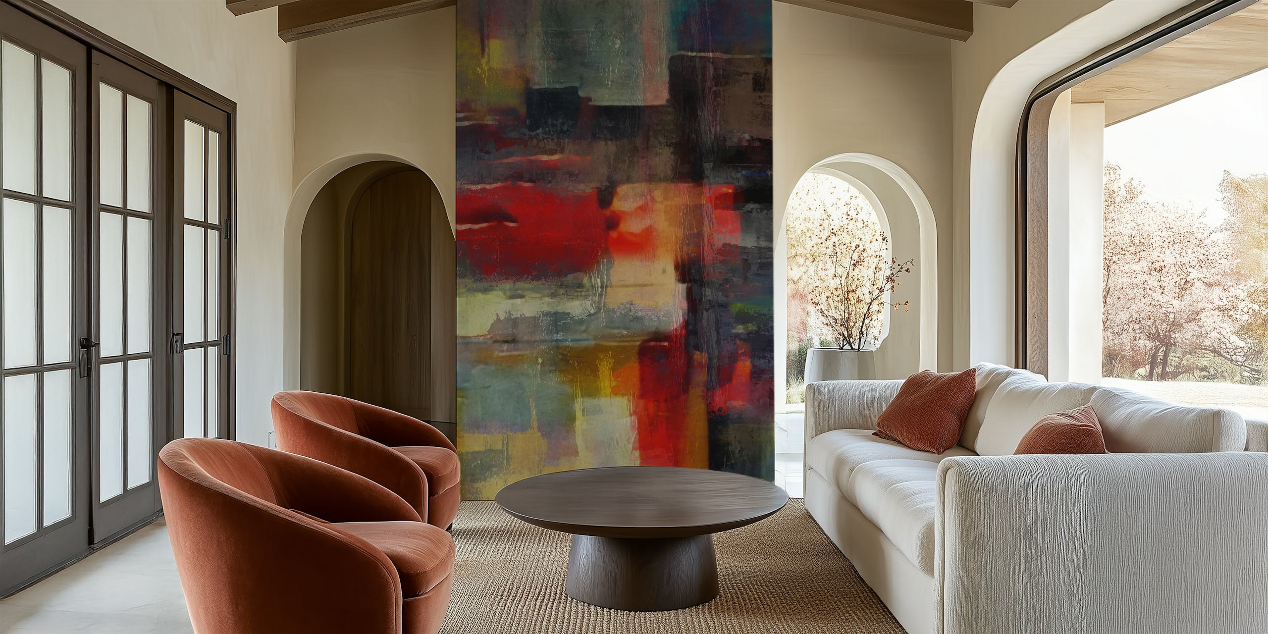 Colorful geometric abstract shapes in red, blue, and yellow wallpaper