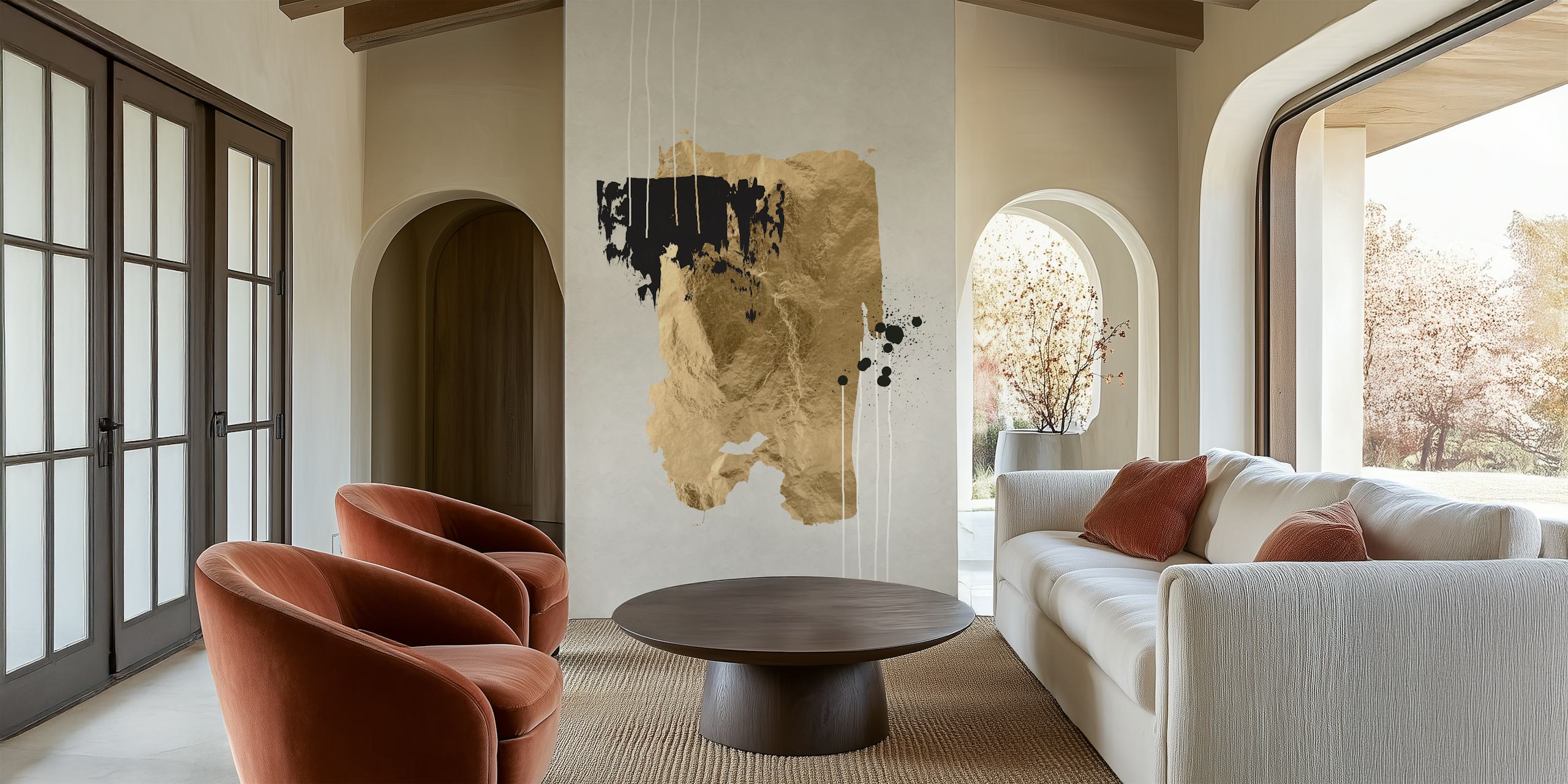 Abstract brush strokes in gold and black on light wallpaper