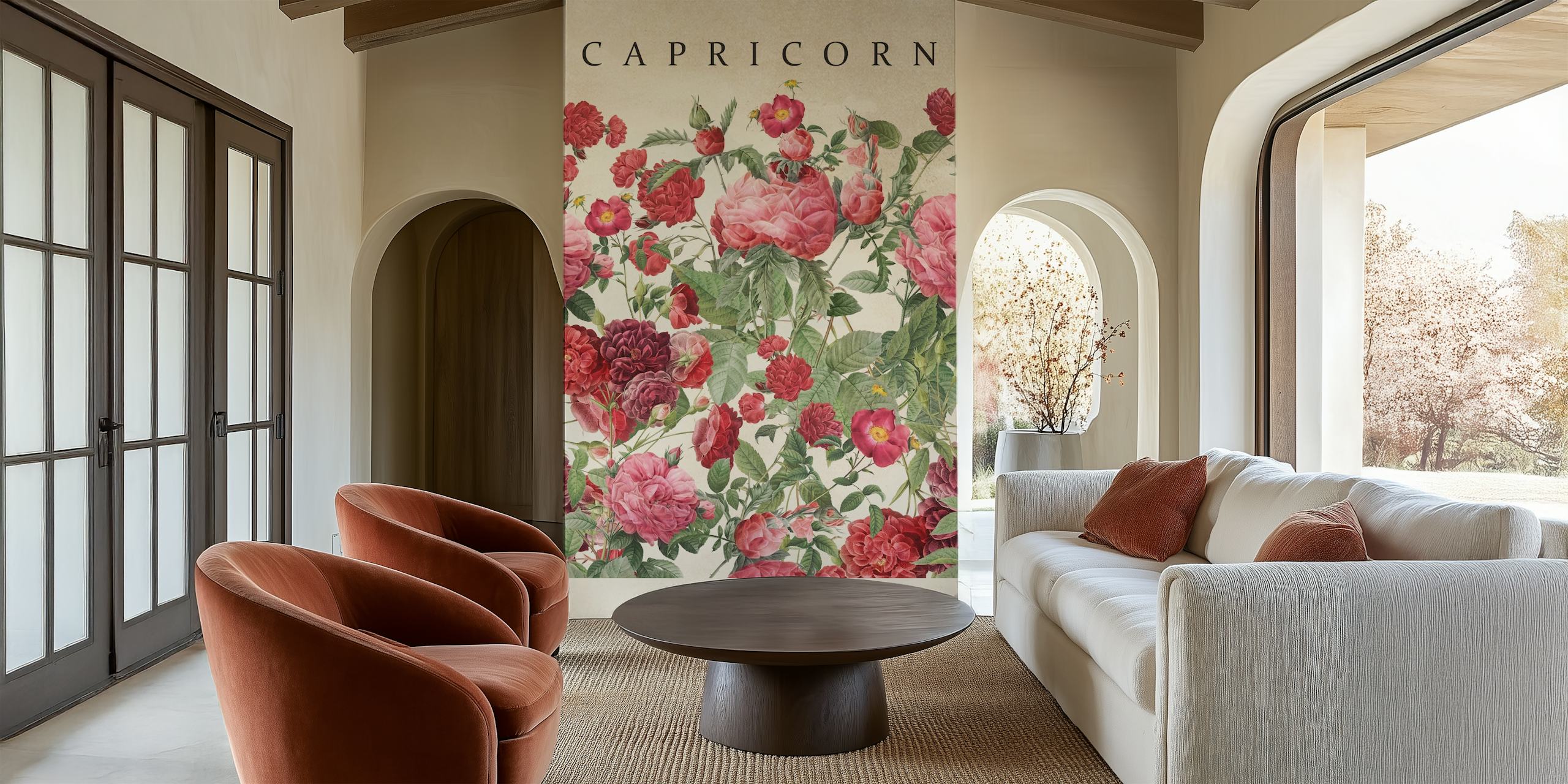 Floral wallpaper with pink roses and green leaves