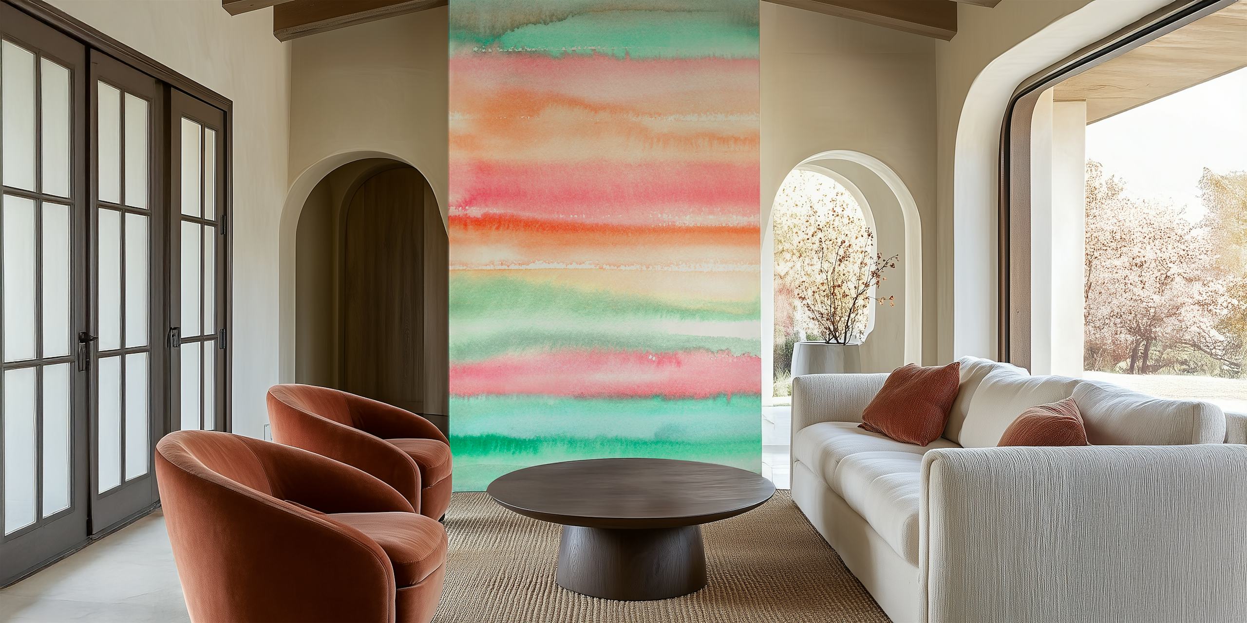 Ombre Watercolor Orange Green wallpaper in a room