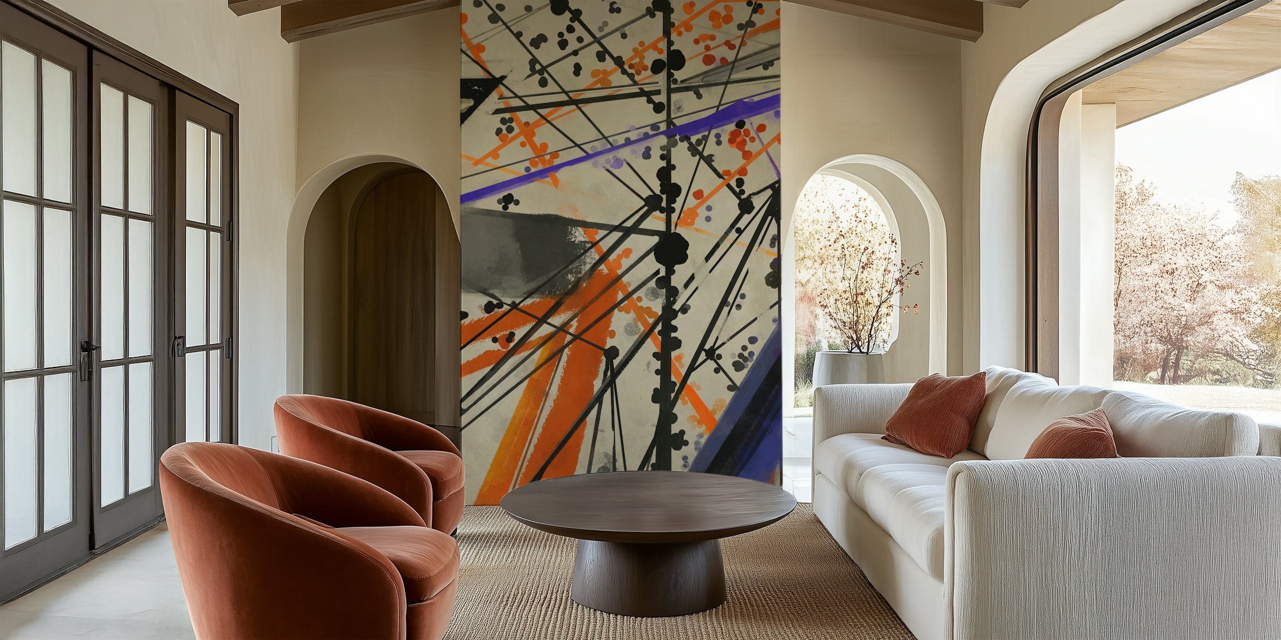 Colorful abstract brush strokes in orange, black, purple, and gray wallpaper