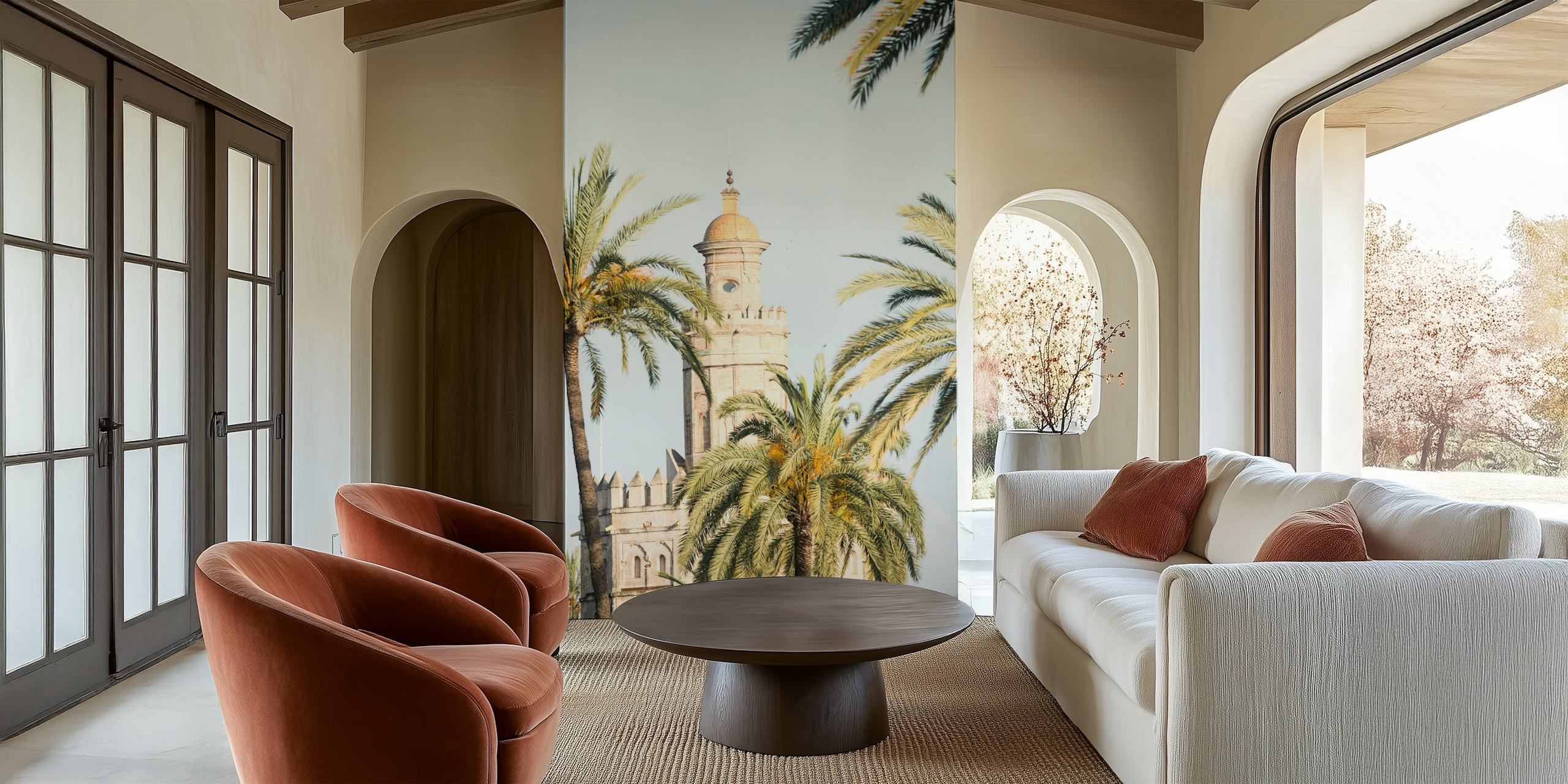 Torre del Oro tower with palm trees in the foreground wallpaper