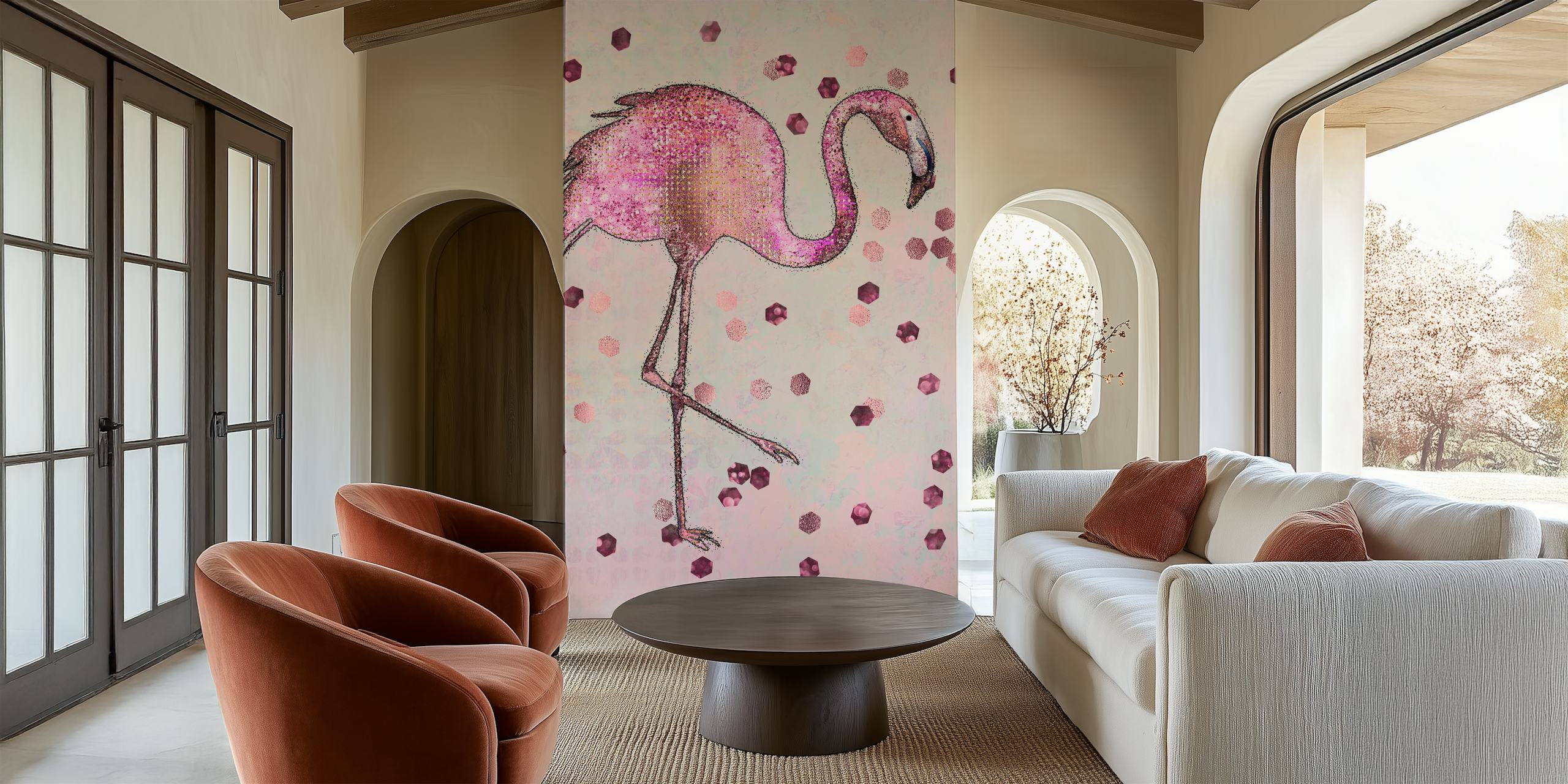 Fotomural vinílico de parede de flamingo rosa com detalhes brilhantes em um fundo pastel.