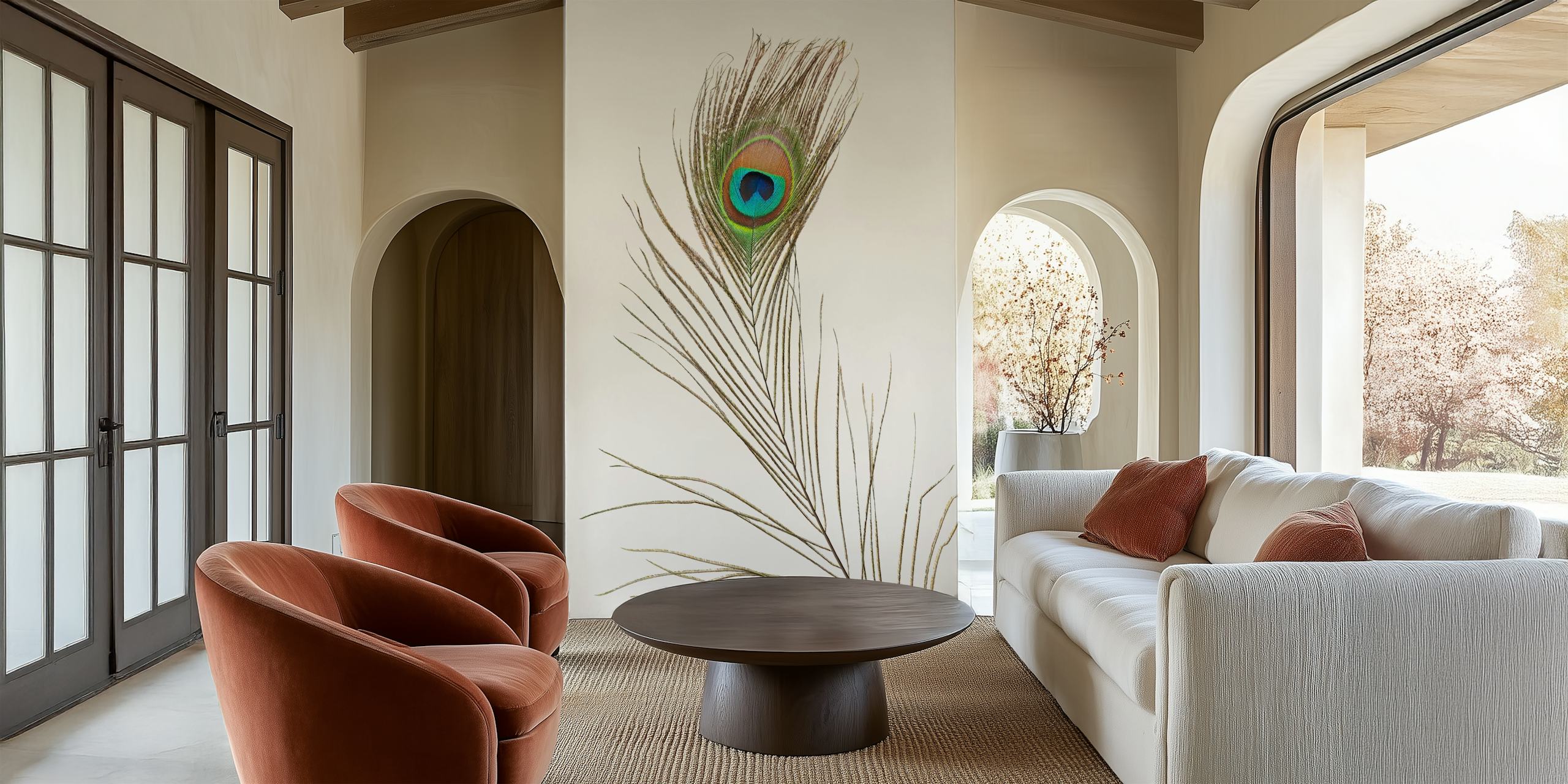 Elegante murale con piuma di pavone singola con dettagli intricati e colori vivaci