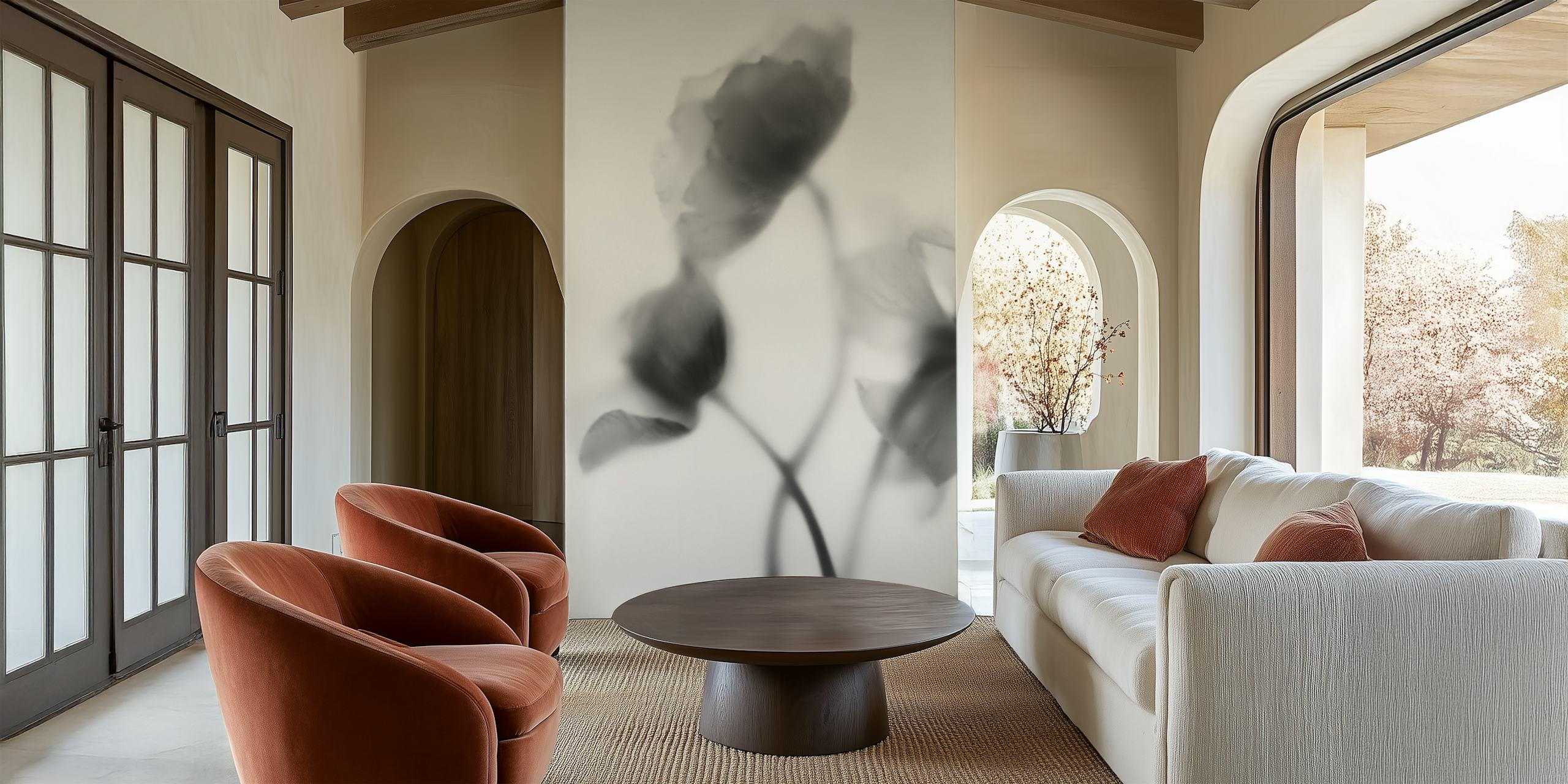 Papier peint abstrait coquelicots en niveaux de gris pour décoration intérieure