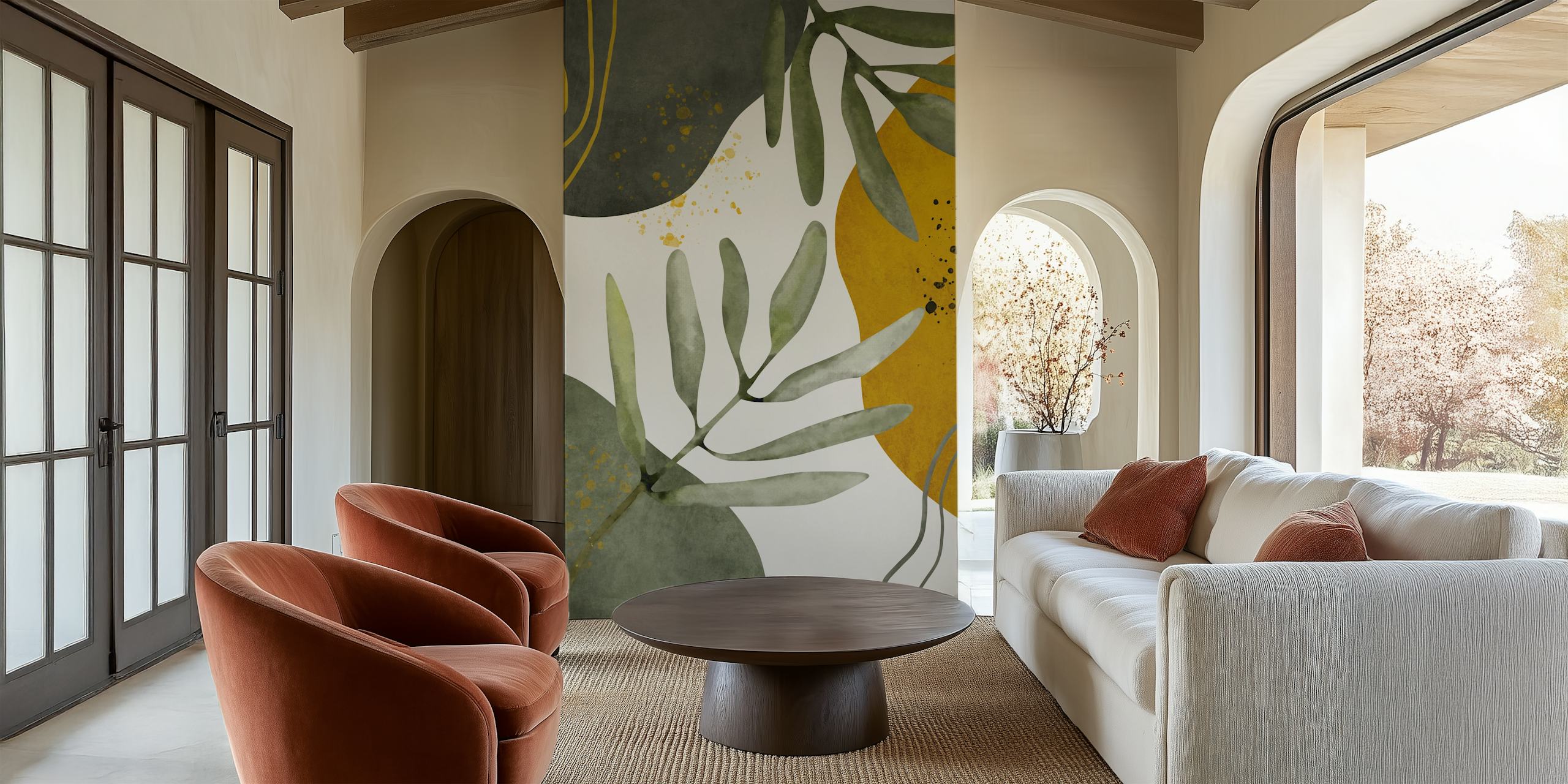 Abstract botanical leaves in muted greens with earthy-toned shapes wall mural