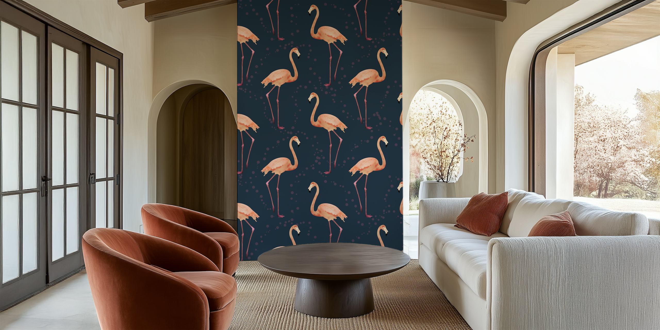 Marineblauw fotobehang met roze flamingo's in een herhalend patroon