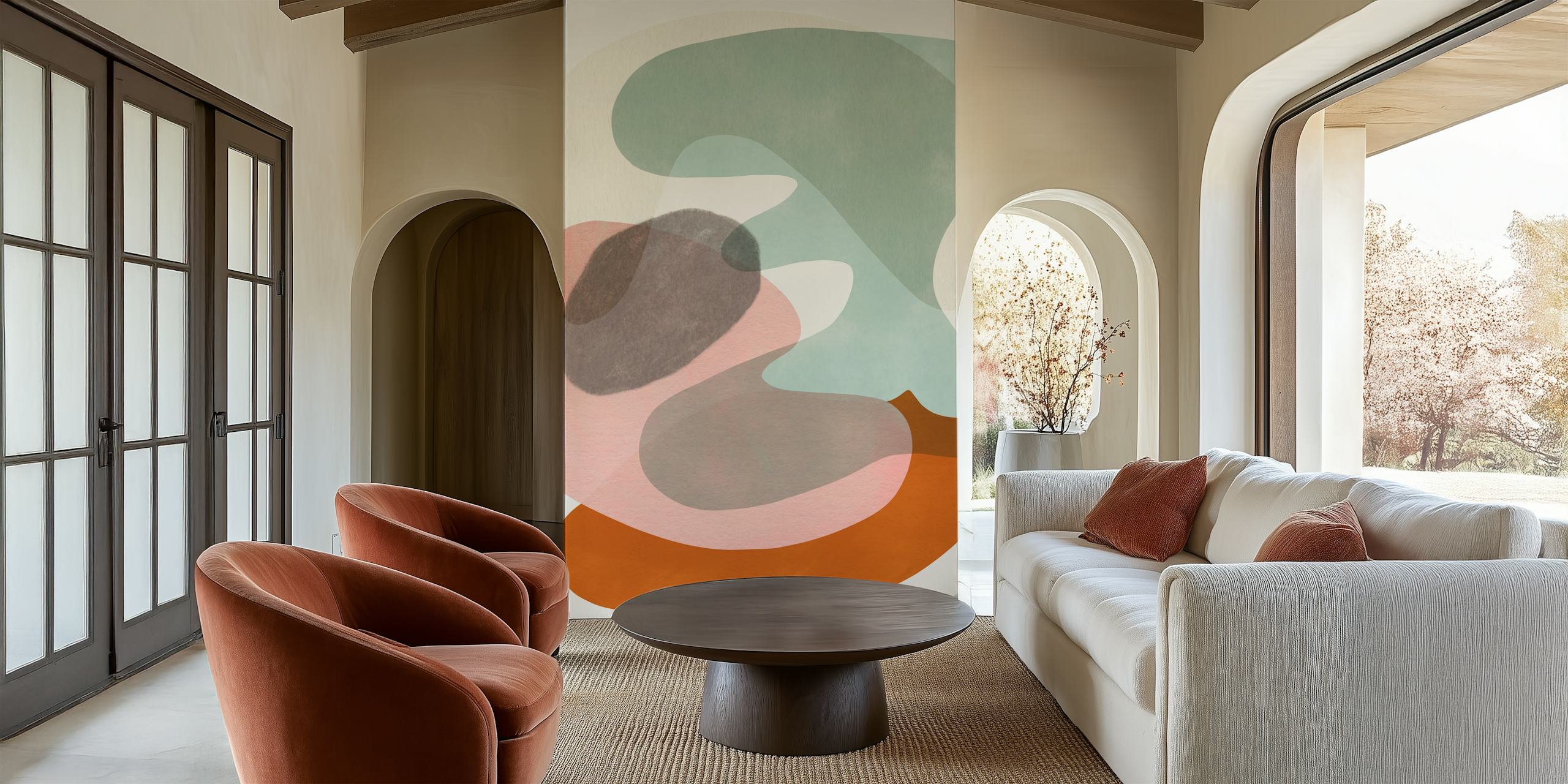 Pastel abstract shapes in soft colors like pink, green, and brown wallpaper