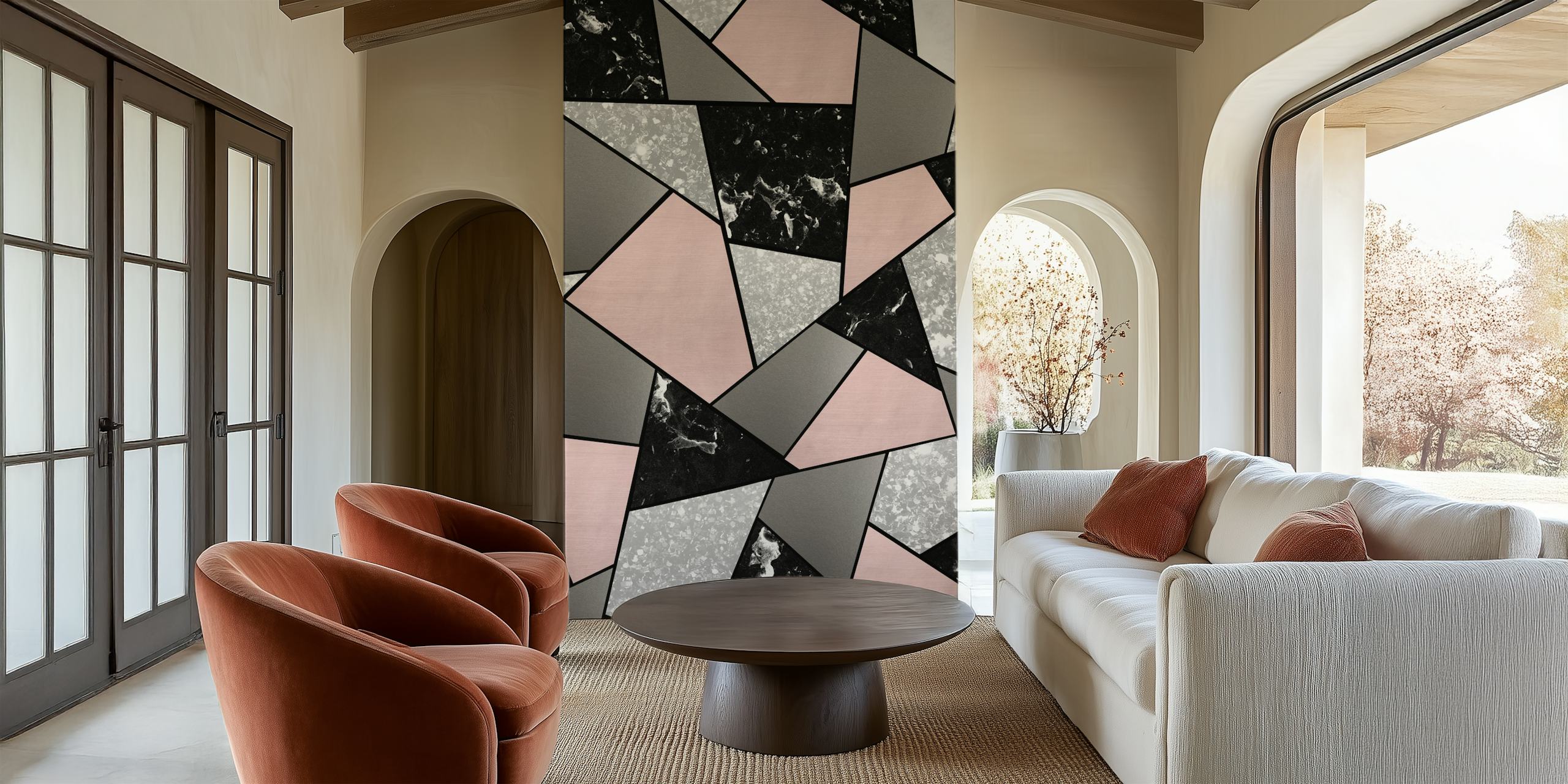 Black White Blush Geometric tapet i et rum