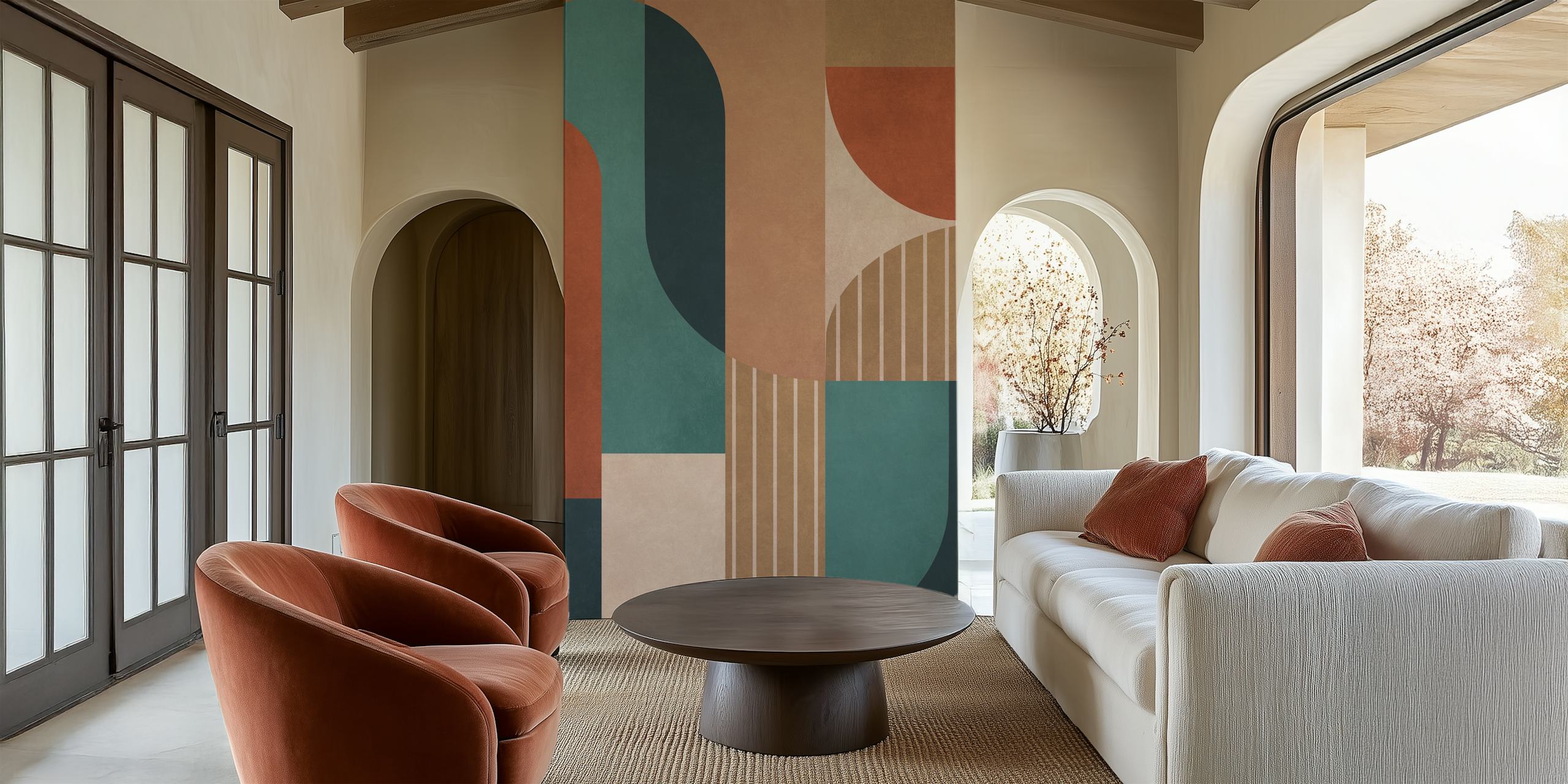 Geometric shapes in earthy tones of blue, terracotta, and beige wallpaper
