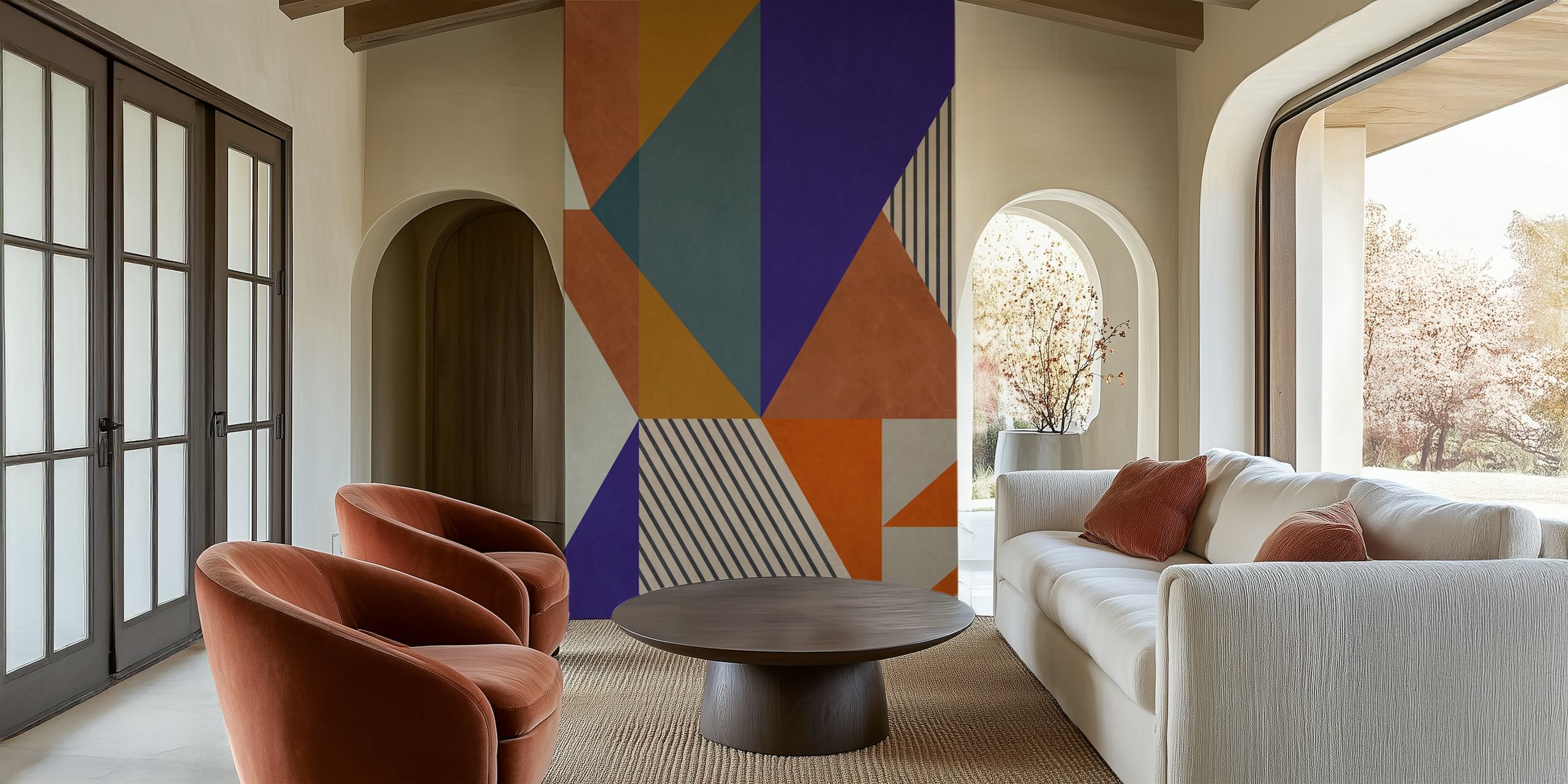 Abstract geometric wall mural in shades of orange, blue, and neutral colors