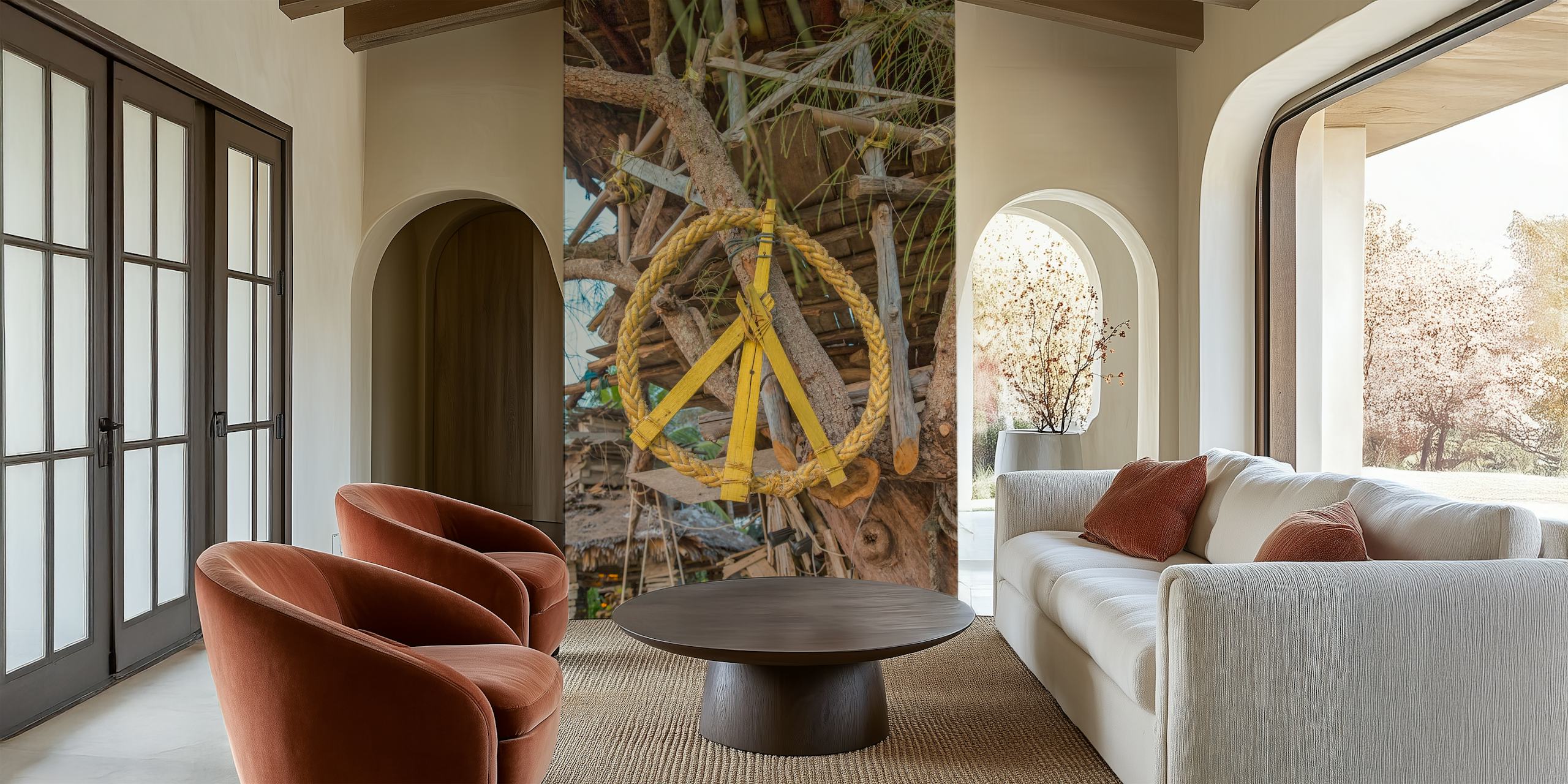 Yellow peace symbol on a rustic backdrop wallpaper