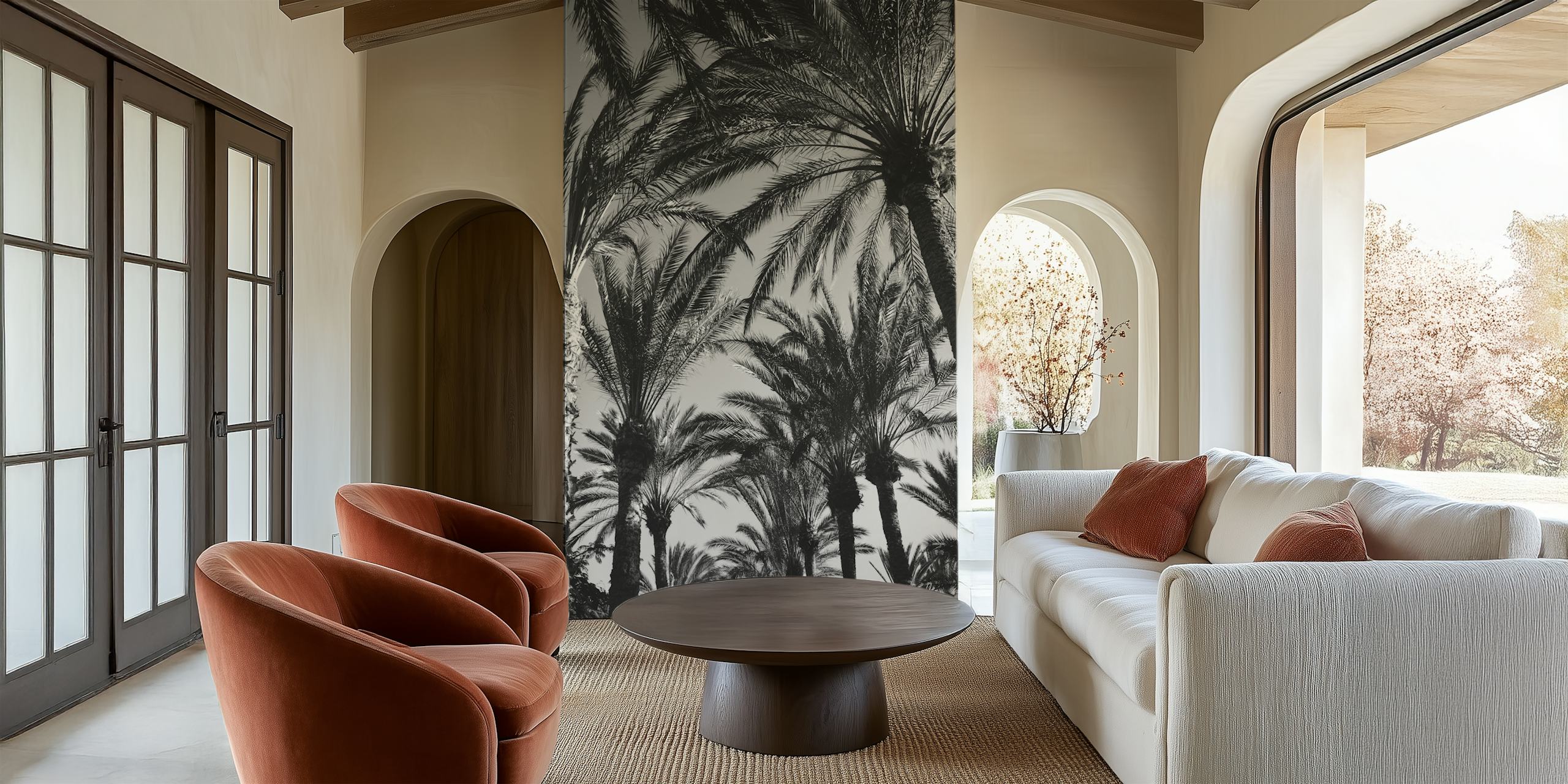 Yksivärinen palmuviidakon seinämaalaus monimutkaisilla lehtikuvioilla