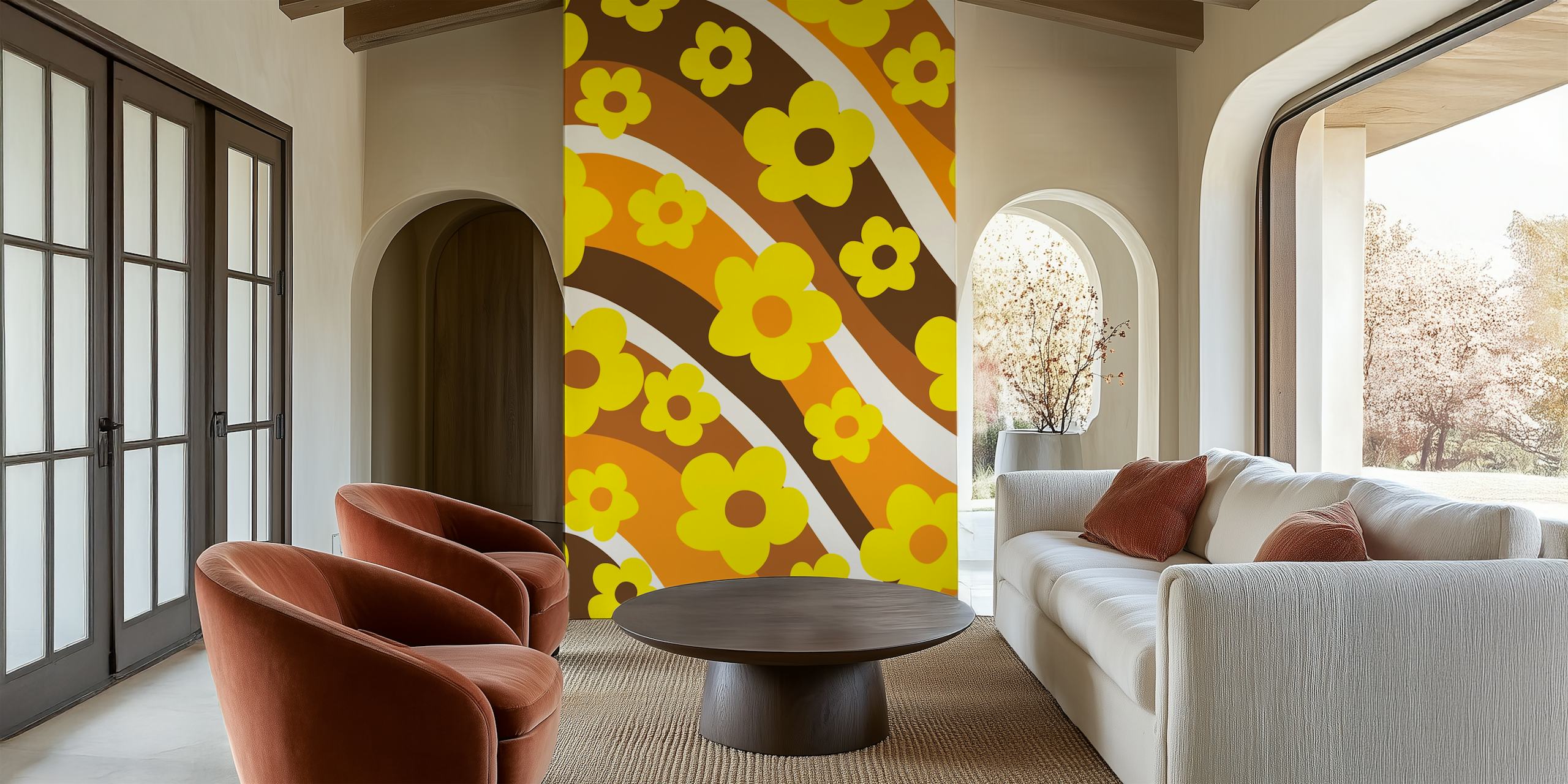 Yellow floral patterns with brown waves wallpaper