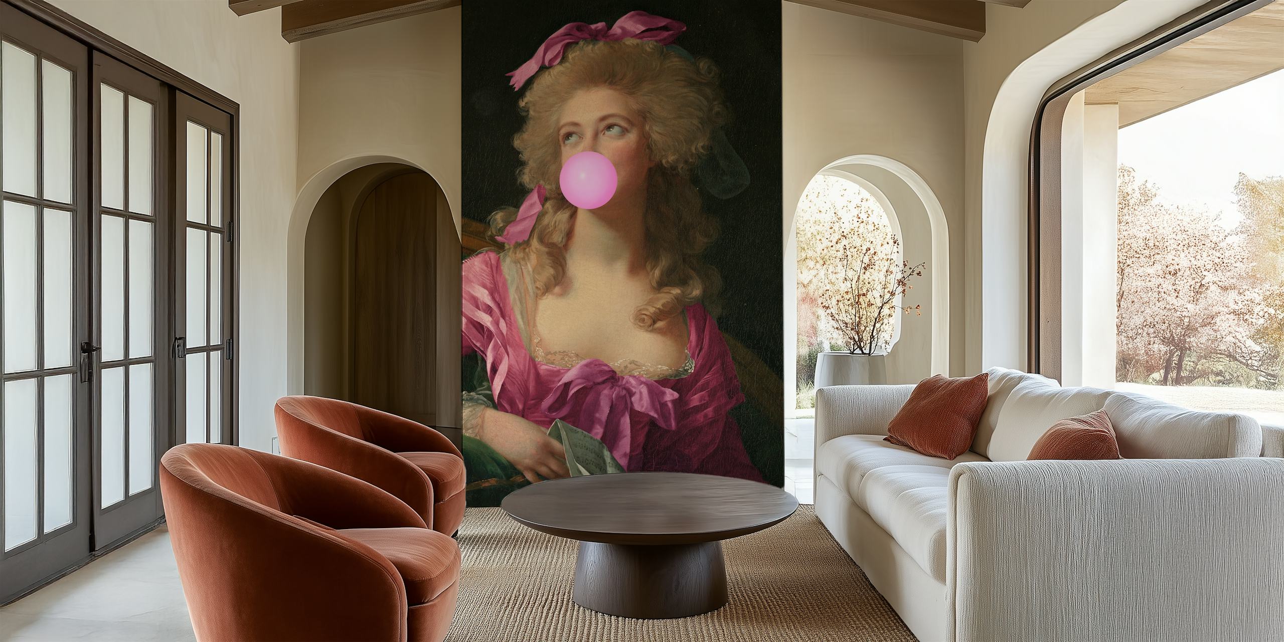 Portrait of a woman blowing bubble gum with pink hair and dress, vintage style wallpaper