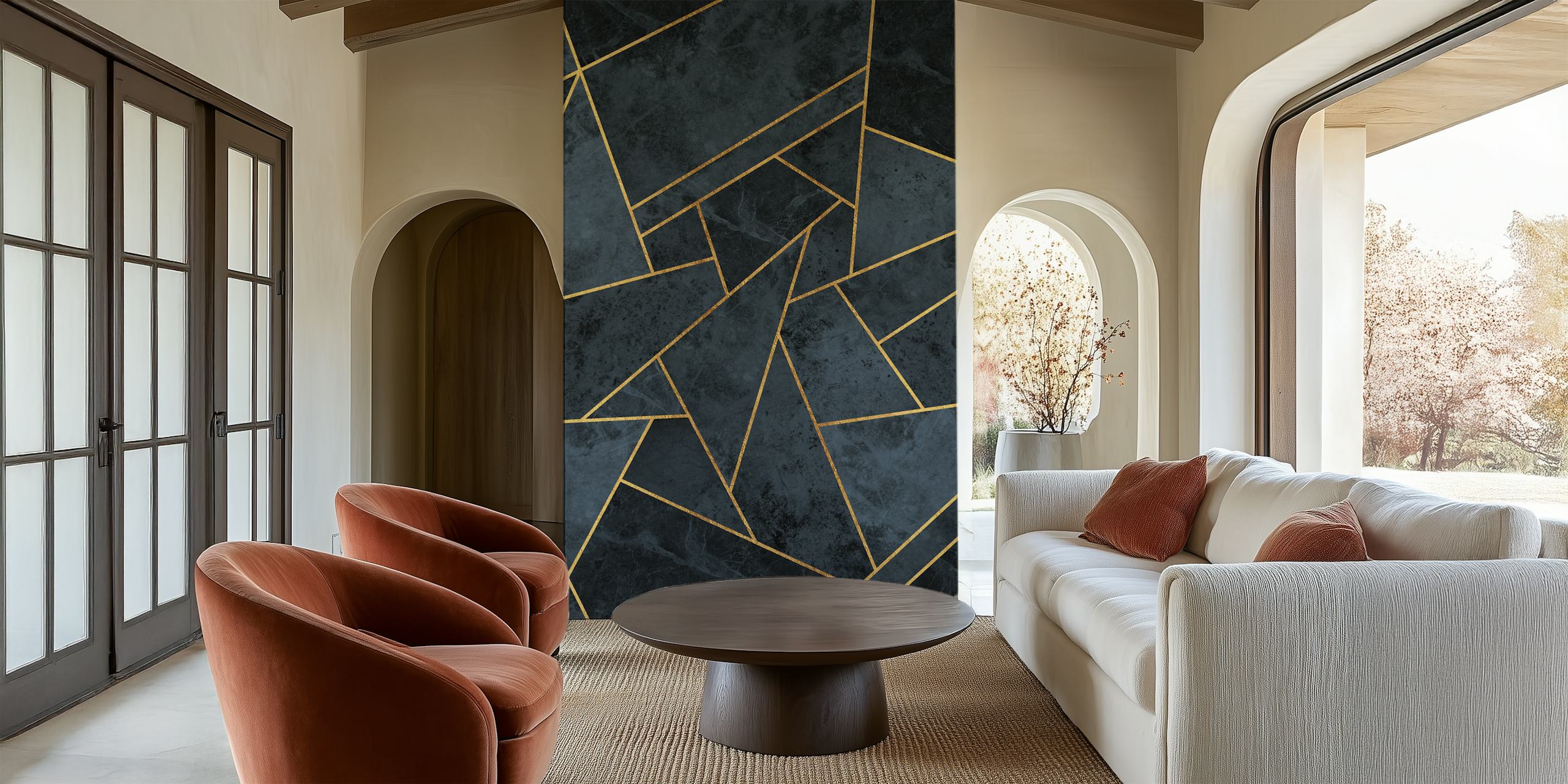 Sanftes blaues abstraktes Mosaikfliesen-Wandbild mit goldenen Linien