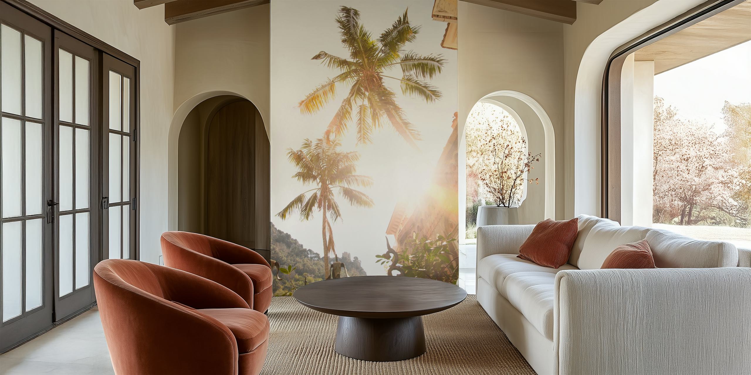 Amalfi Palm Dream muurschildering met zonsopgang en palmbomen