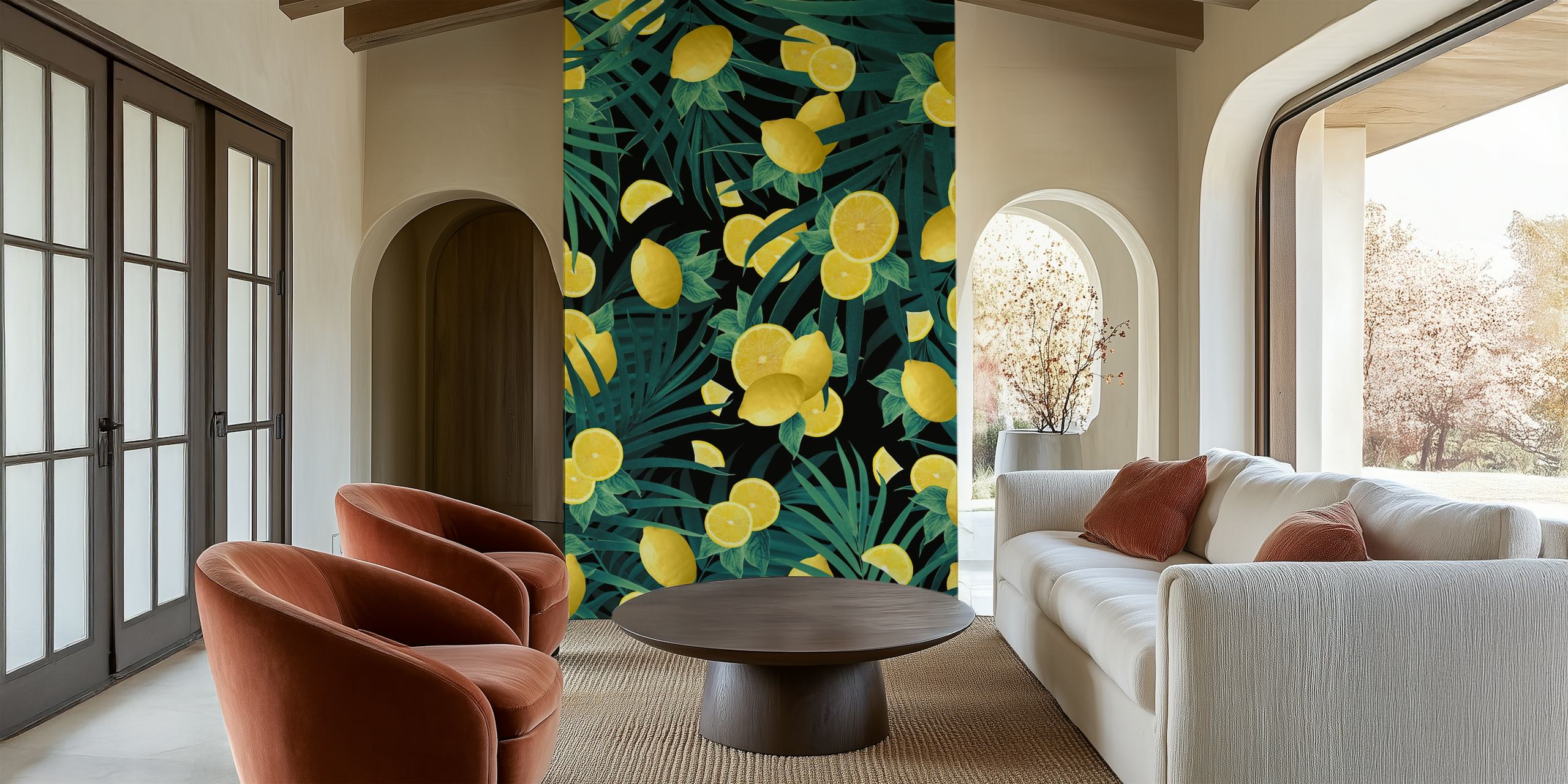 Tropical lemons and green leaves on a black background wallpaper