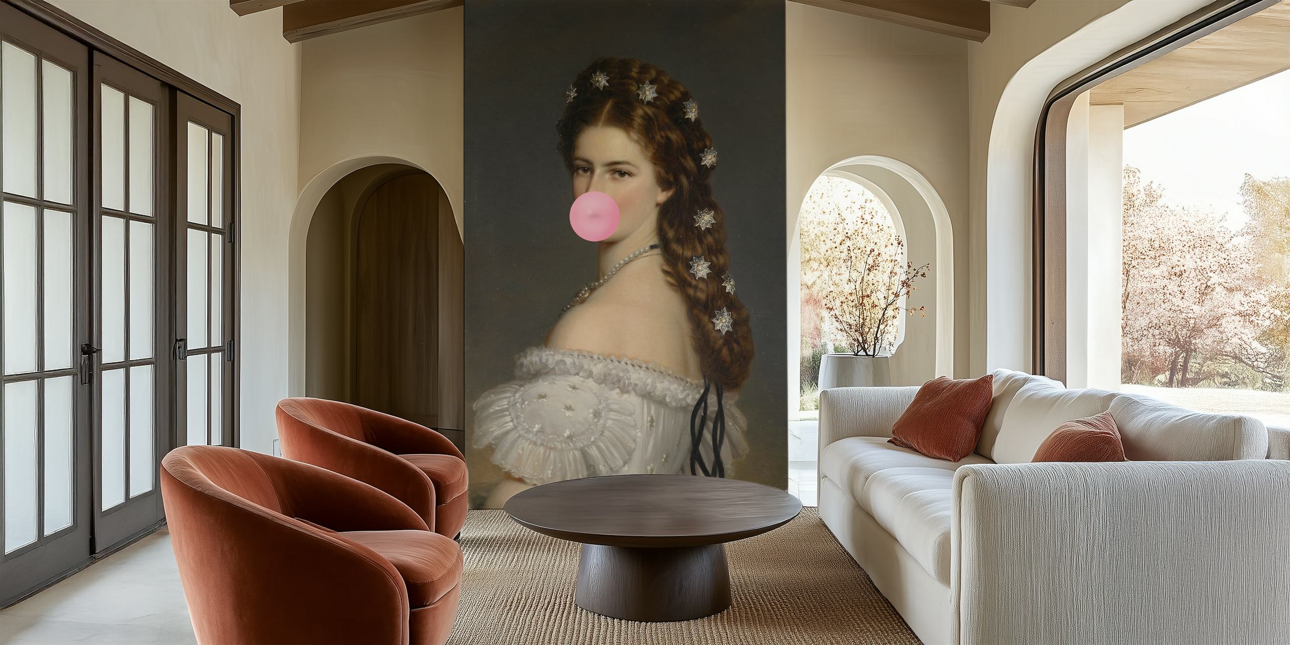 Carta da parati raffigurante l'imperatrice Sisi che fa una bolla di gomma da masticare, il classico incontra il design eccentrico