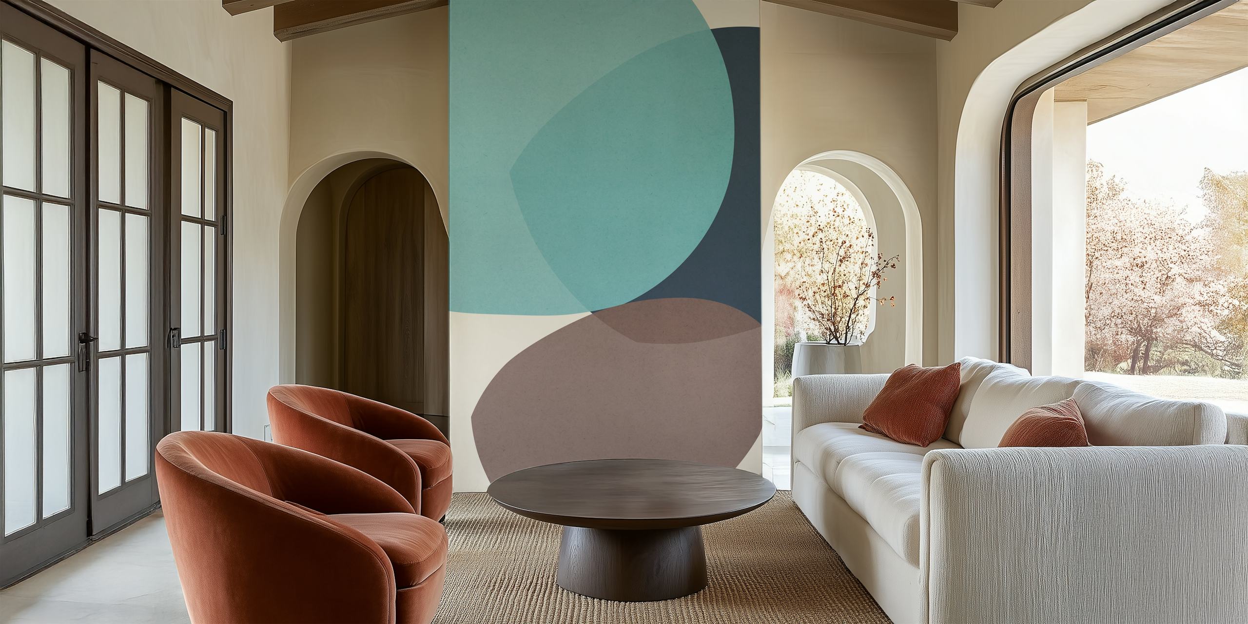 Abstract shapes in blue, brown and beige colors wallpaper