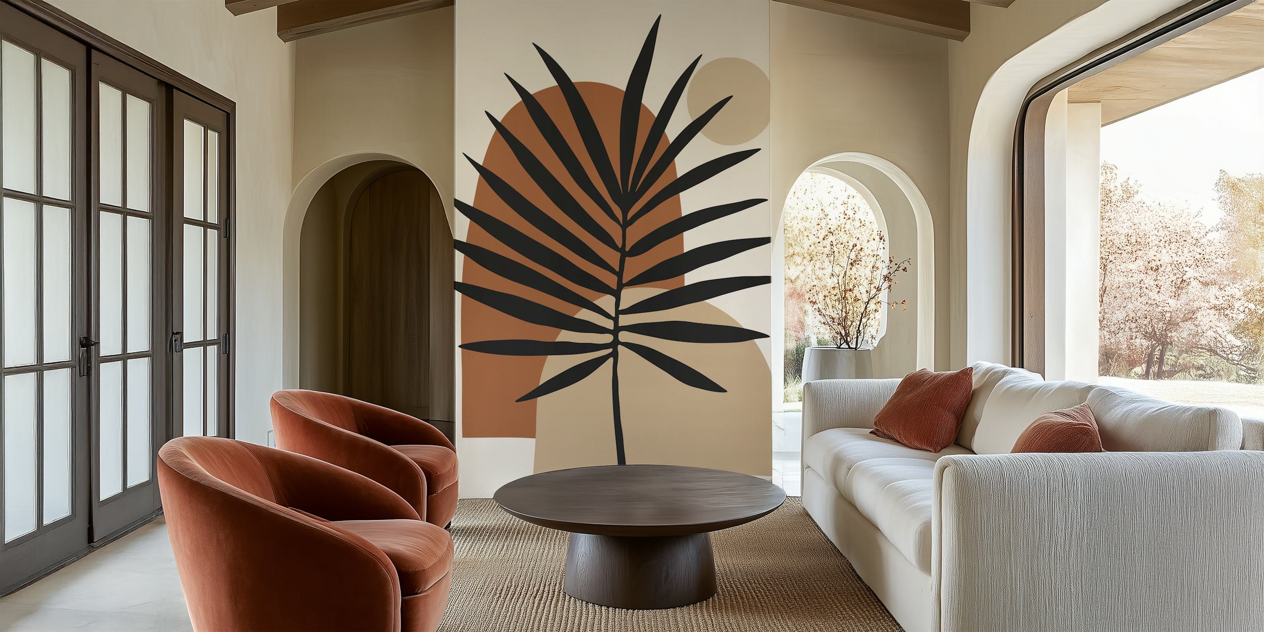 Black palm leaf against abstract earth-tone shapes wallpaper