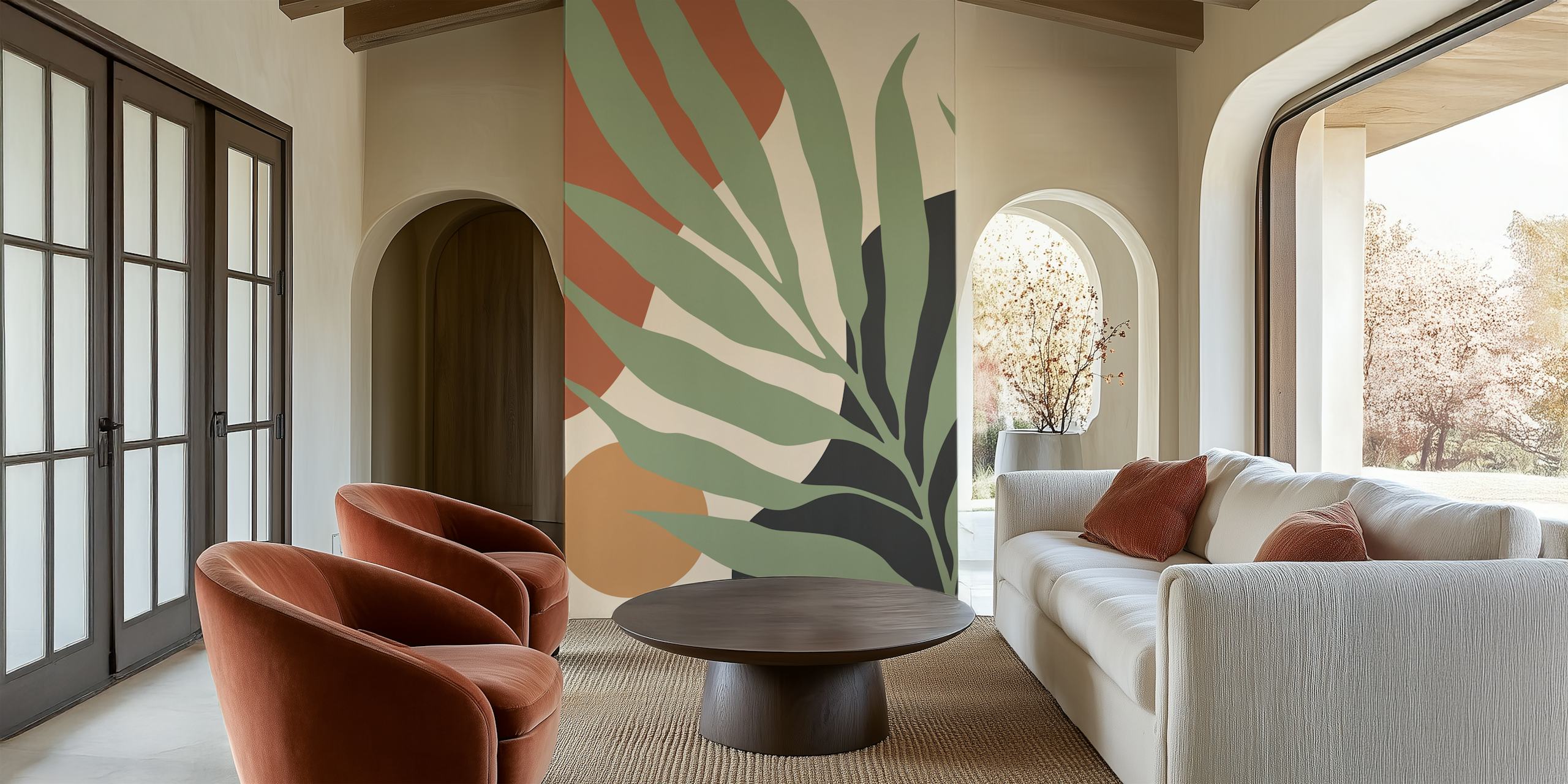 Botanical leaves in earthy colors on a cream background wallpaper