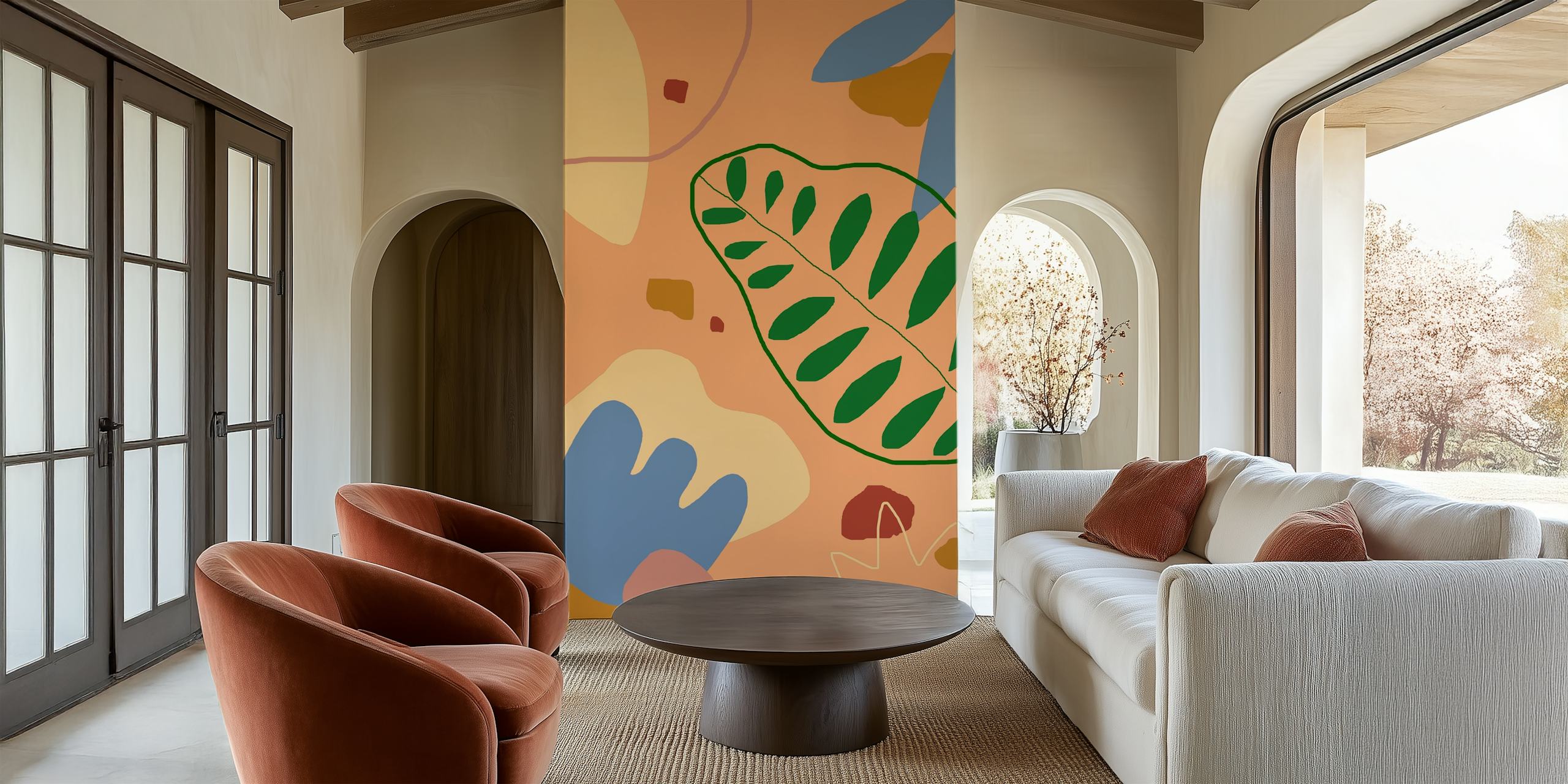 Modern botanical wall mural showcasing stylized coral vegetation in earthy tones