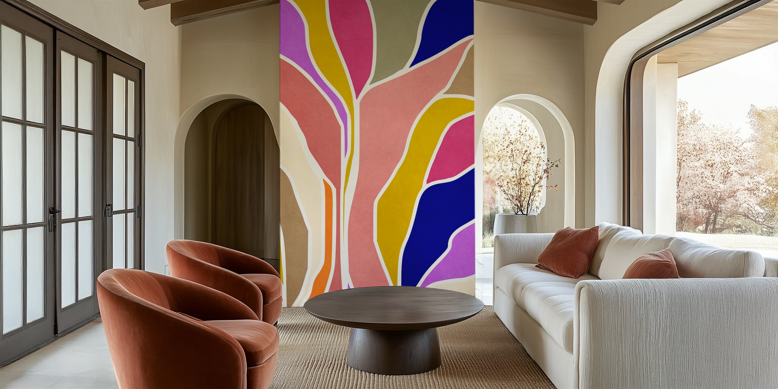 Colorful abstract leaf patterns in pink, orange, and blue wallpaper