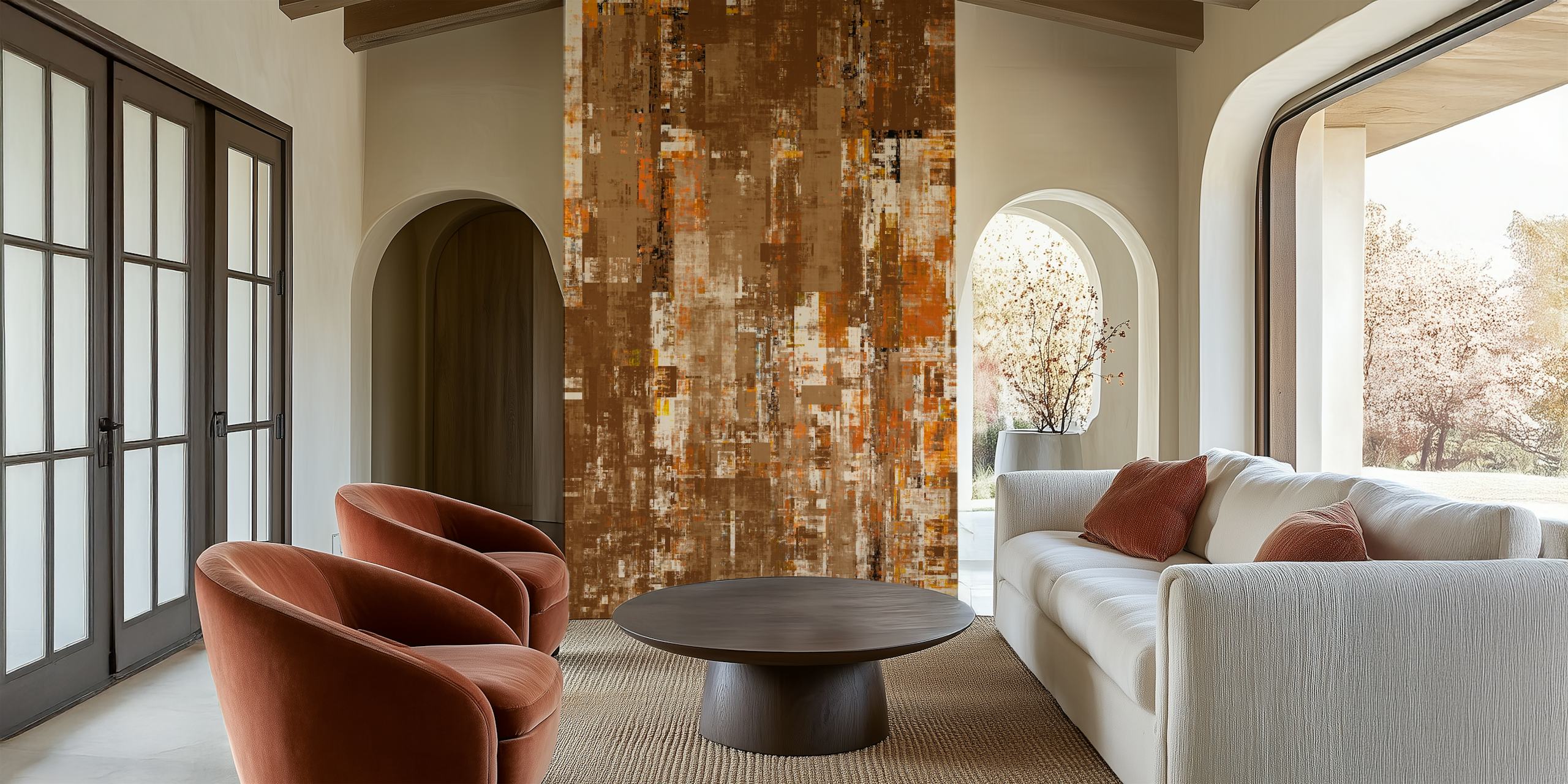 Abstract geometric shapes in brown, yellow, and white wallpaper