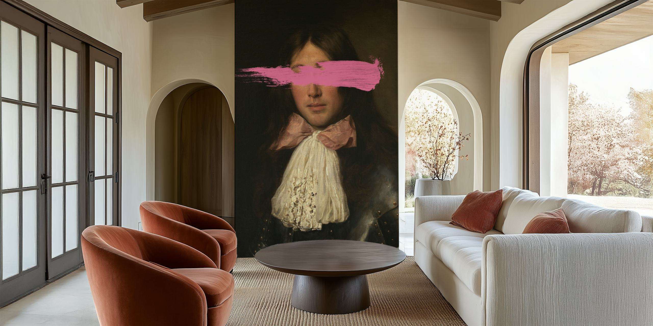 Portrait of a man with pink brush strokes, artistic wallpaper