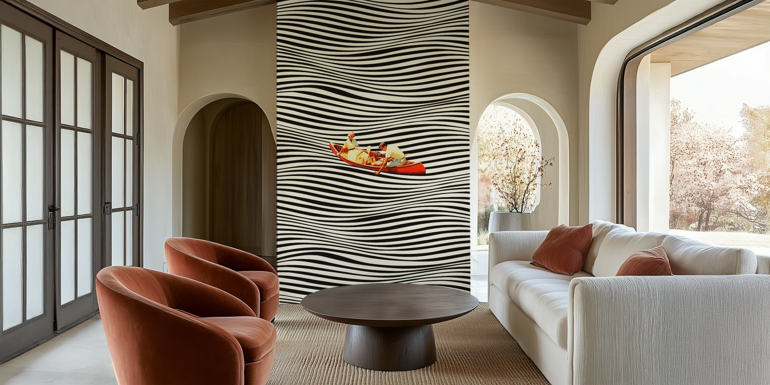 Black and white wavy pattern with two figures in a kayak wallpaper