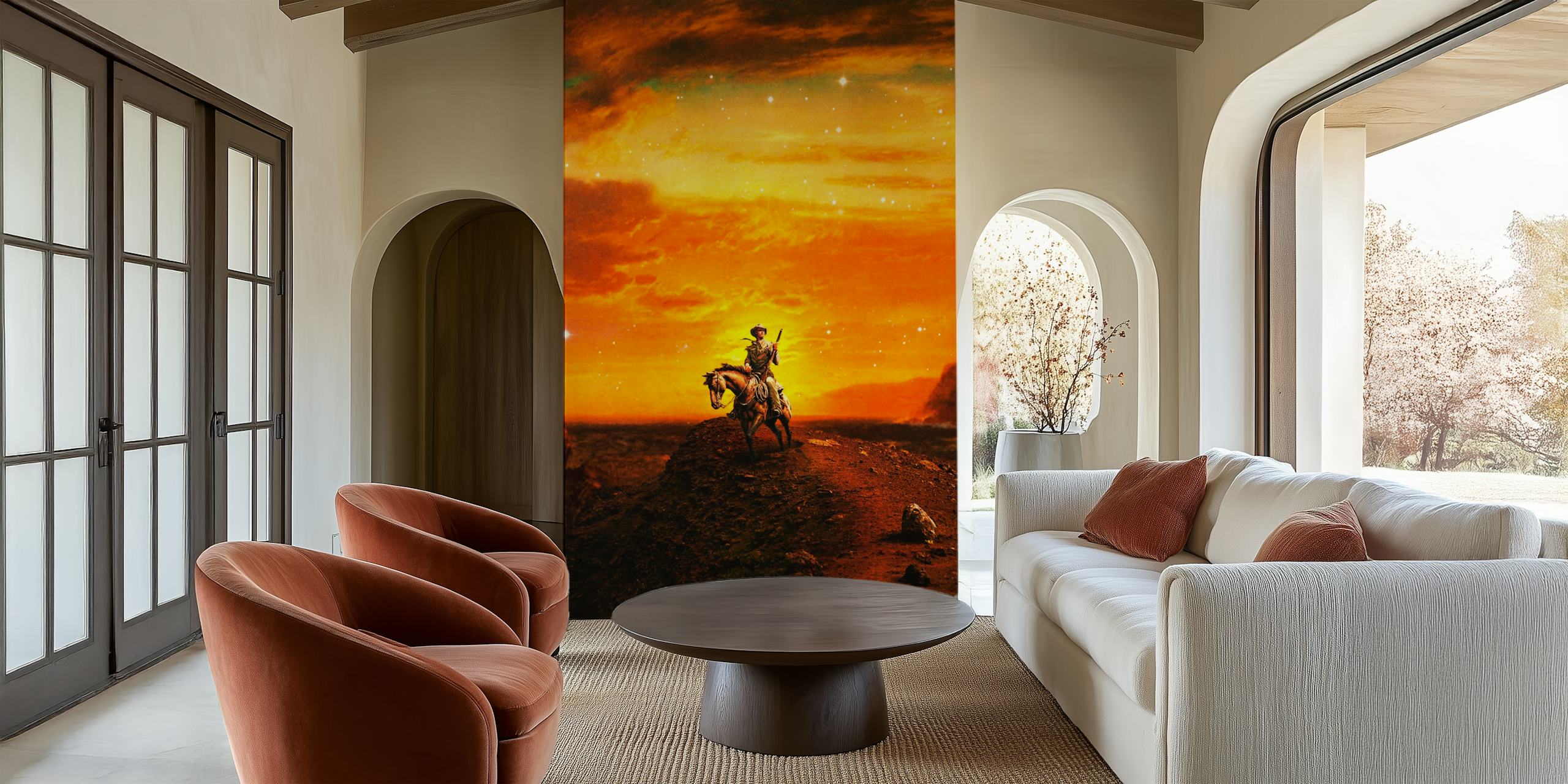 Horse on rocky terrain under sunset sky wallpaper
