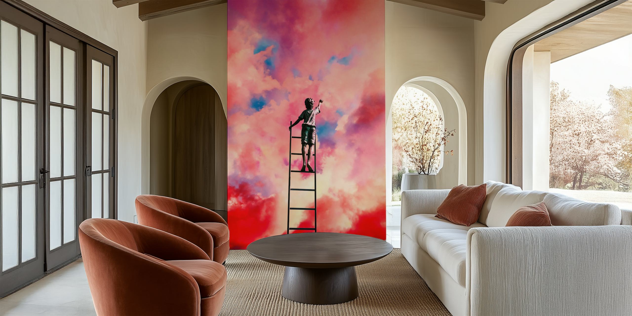 Colorful clouds with a boy on a ladder in vibrant shades wallpaper