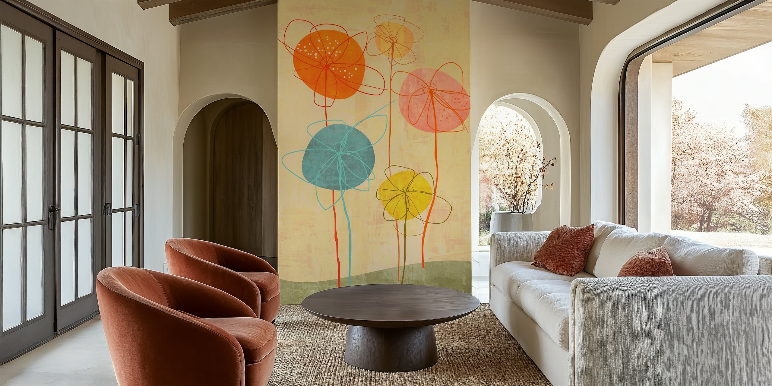 Colorful abstract floral design with pink, orange, and blue flowers on beige background wallpaper.