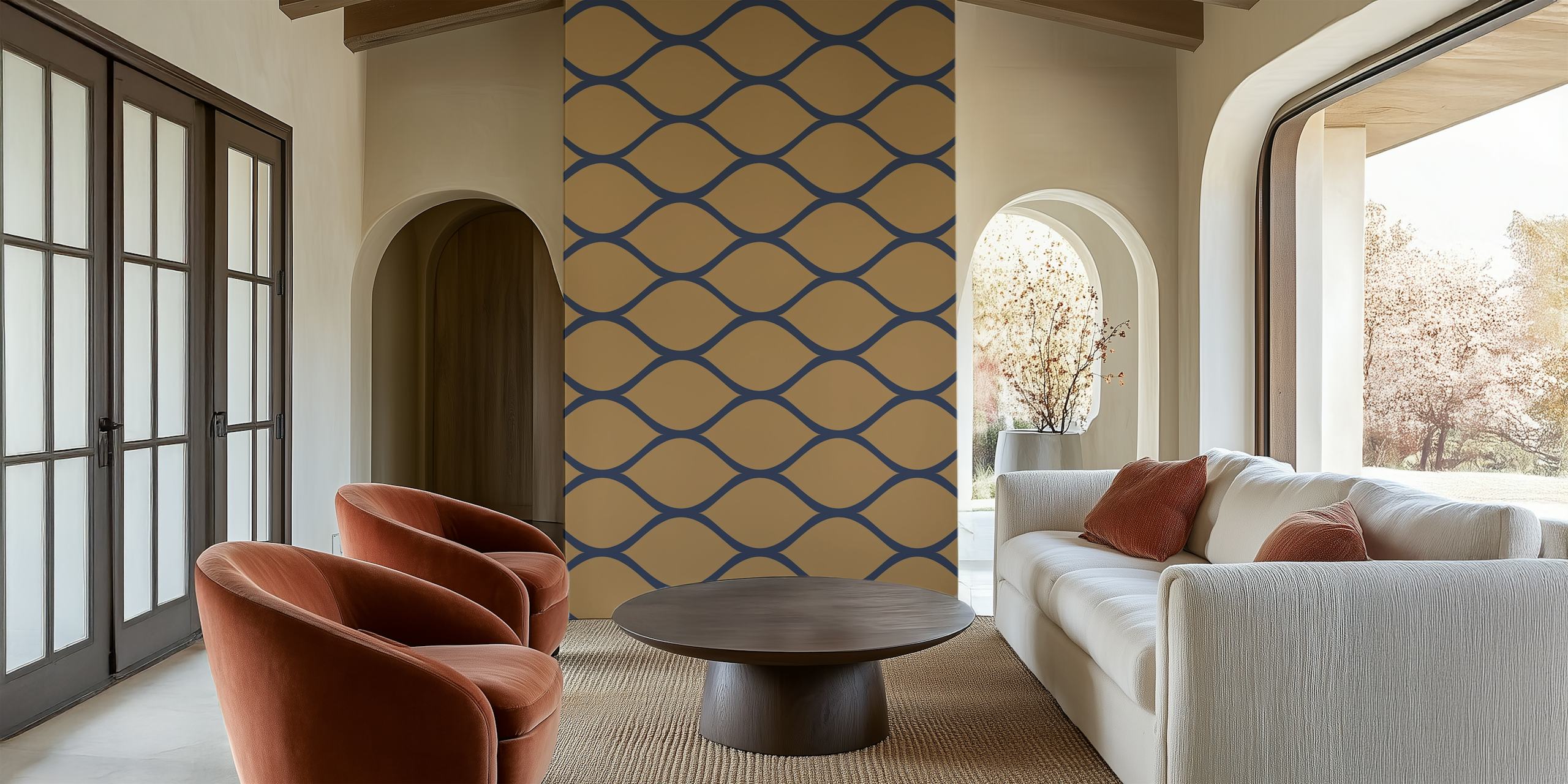 Papel pintado Mustard Mocha Ogee Pattern en una habitación