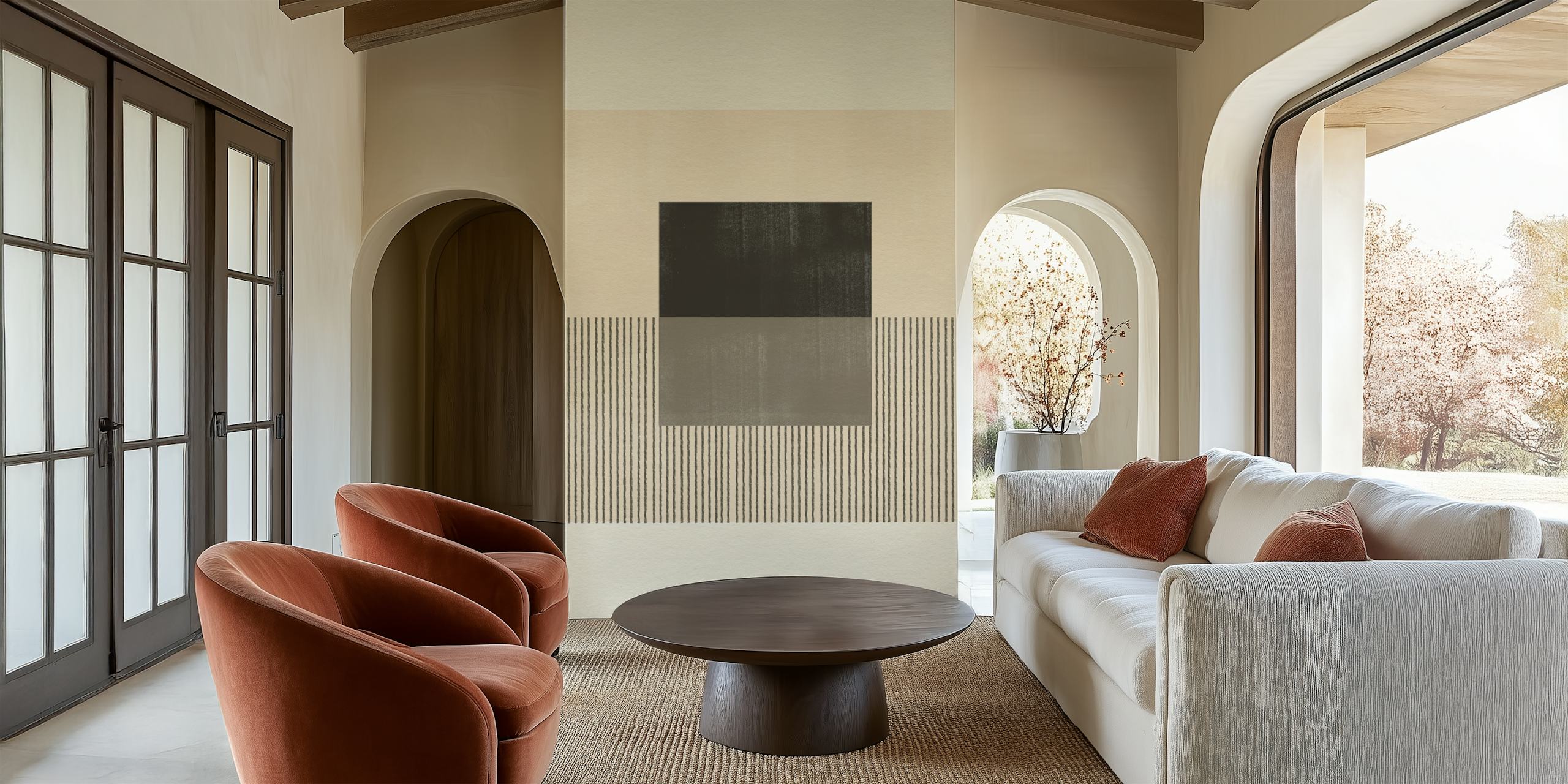 Japandi moderne compositie muurschildering met minimalistische schone lijnen en neutrale tinten
