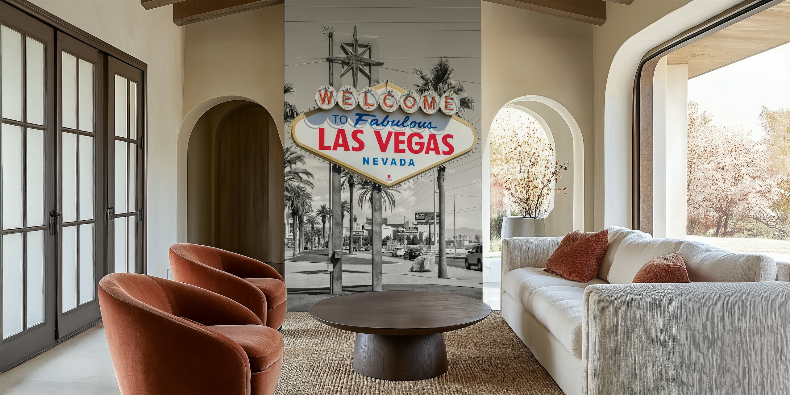 Las Vegas sign in vibrant colors on black and white background wallpaper
