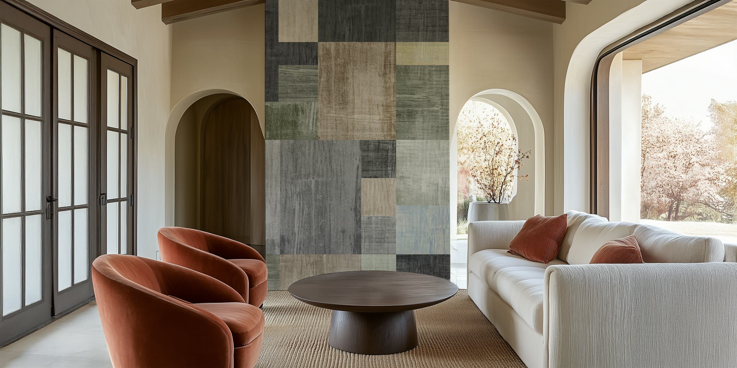 Abstract geometric wall mural in shades of gray, cream, and muted blue creating a modern mosaic design